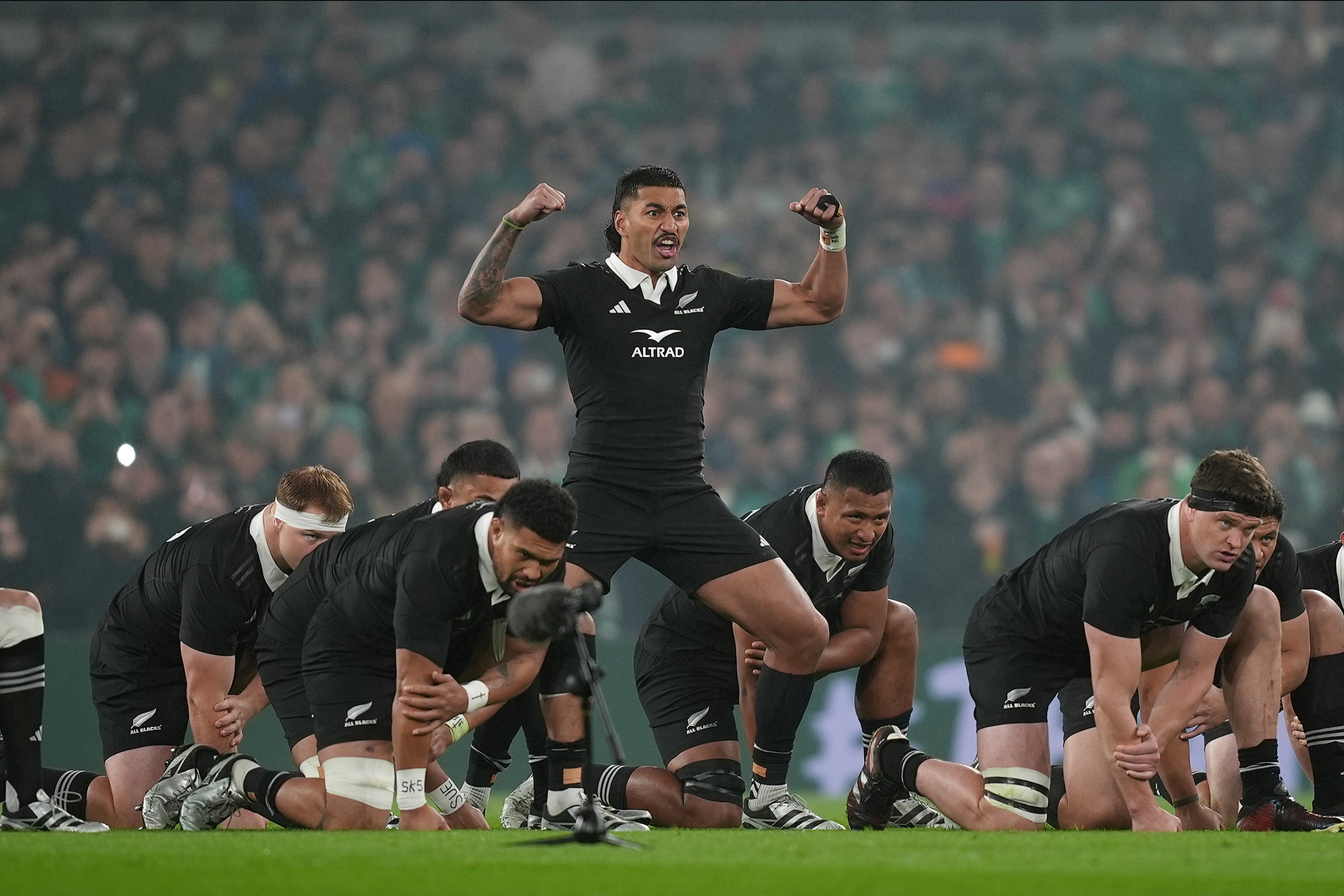 Rieko Ioane led New Zealand’s haka in Dublin