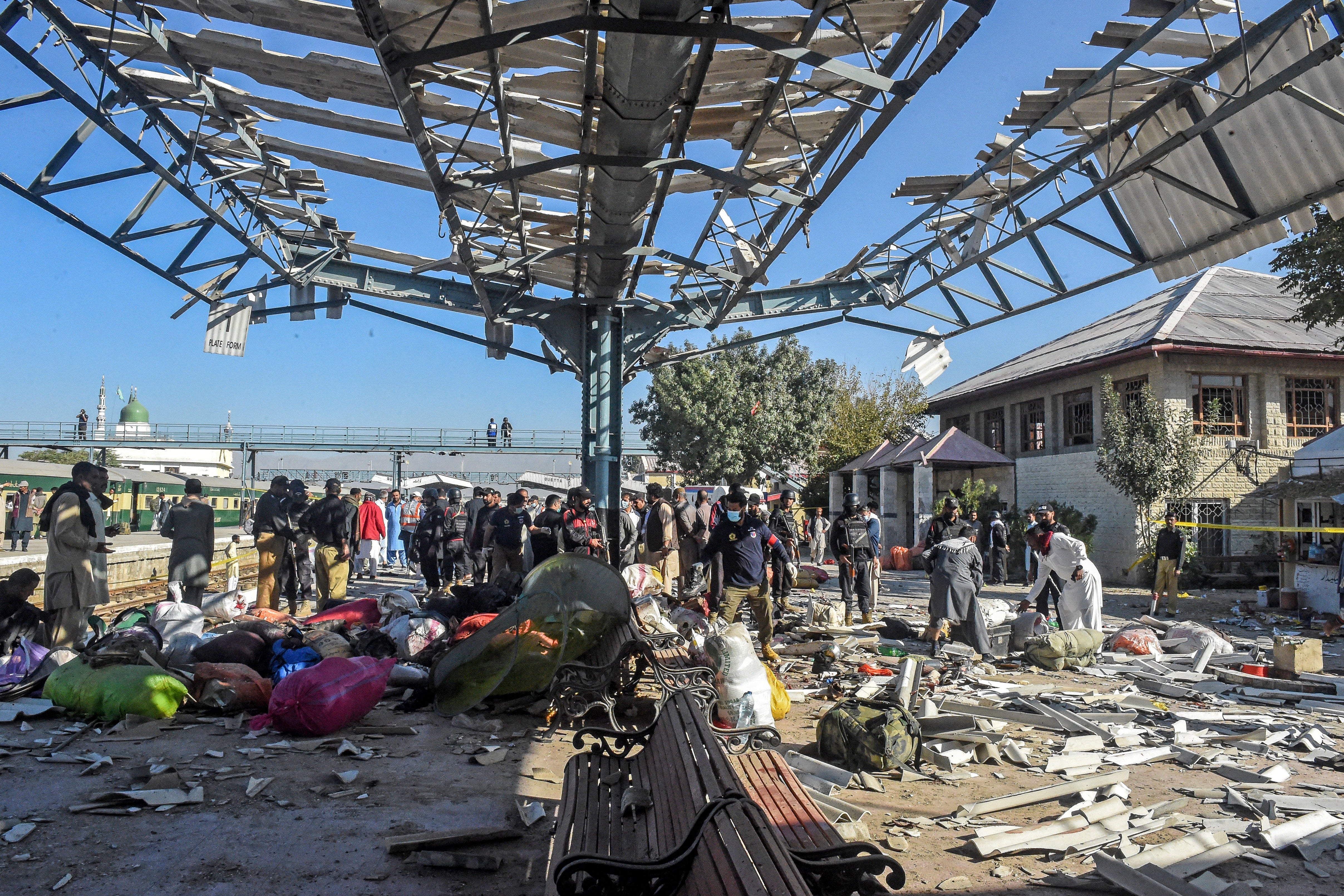 Passengers’ belongings are seen scattered on the platform after an explosion at a railway station in Quetta in Pakistan’s Balochistan province