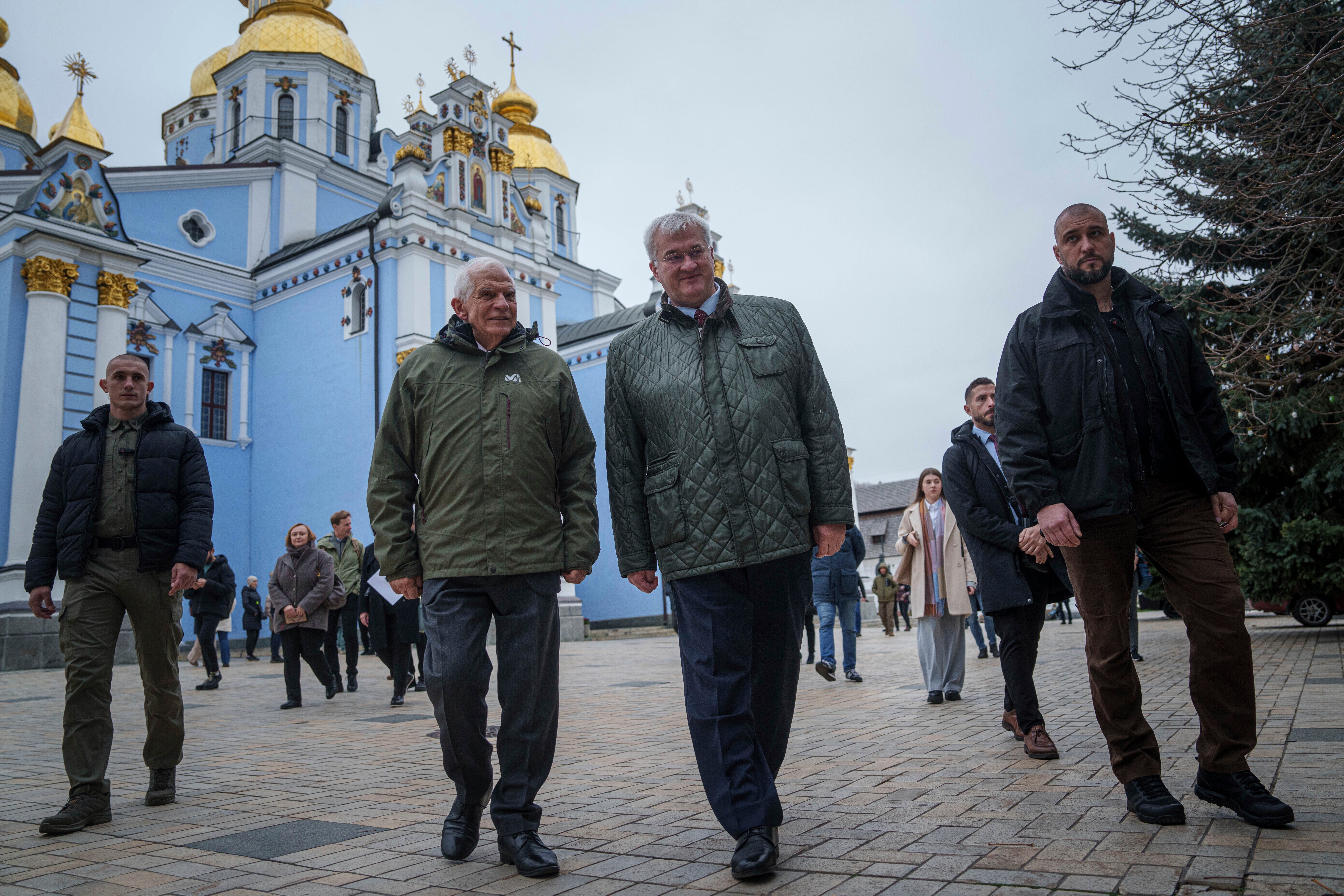 European Union foreign policy chief Josep Borrell and Ukrainian Minister of Foreign Affairs Andrii Sybiha walk in front of St. Michael’s Golden-Domed Monastery in Kyiv, Ukraine