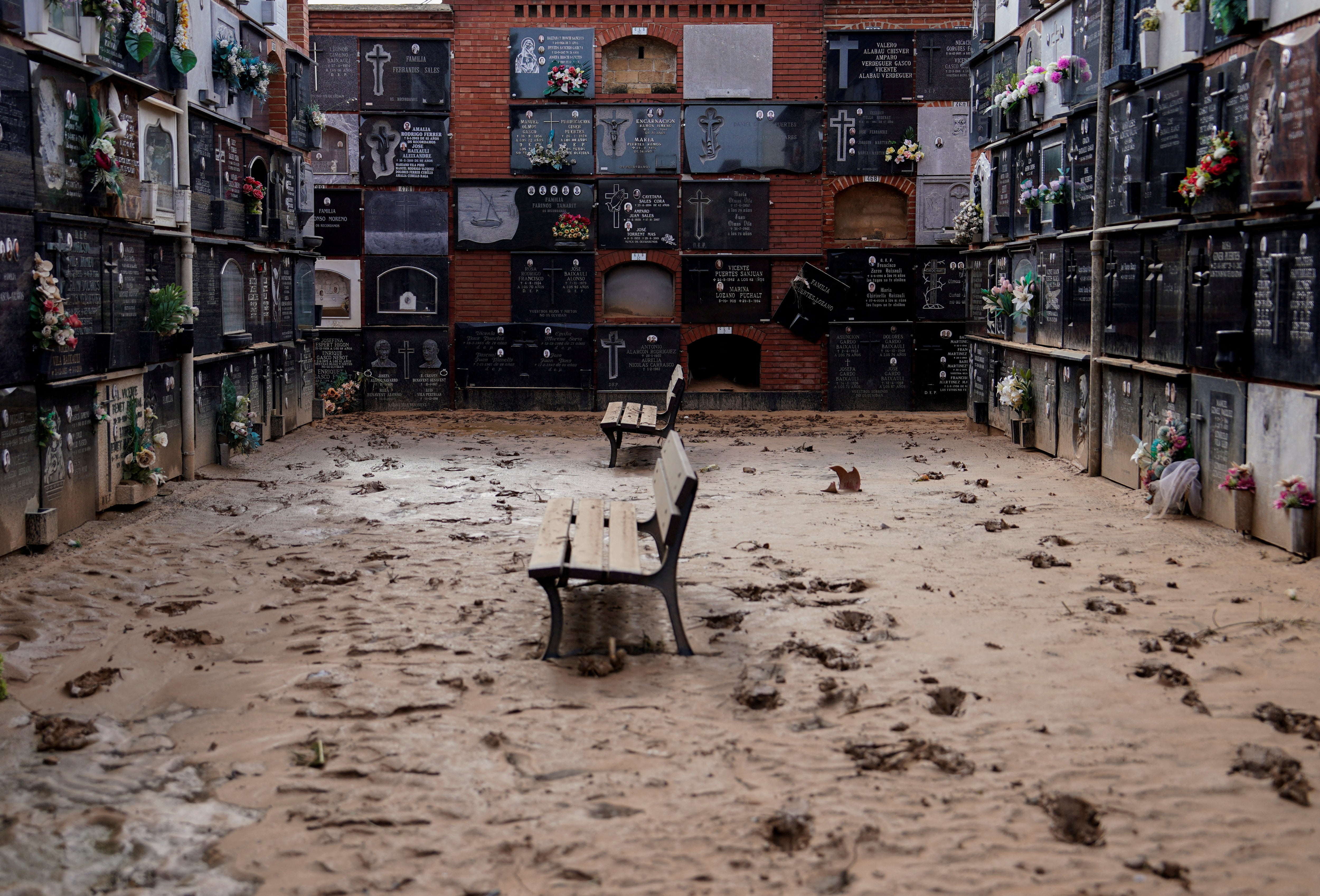 Mud is seen in a cemetery in the aftermath of the flooding caused by heavy rains in Alfafar, Spain