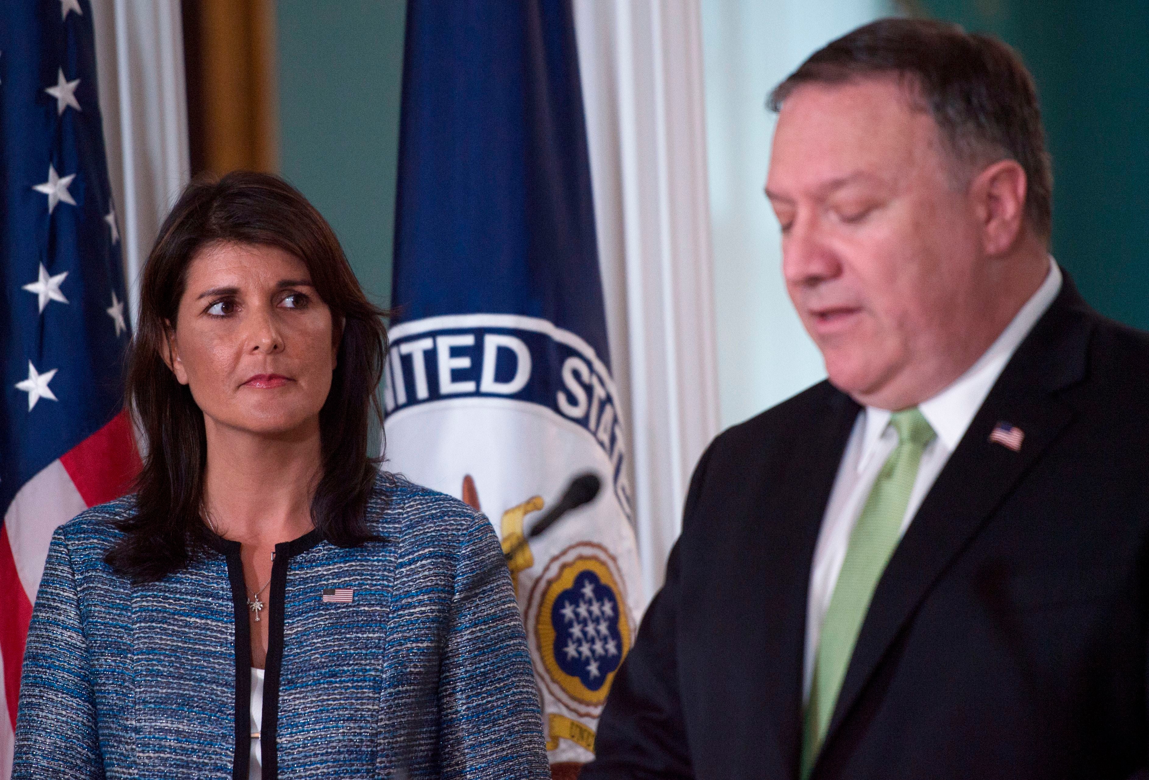 Nikki Haley and Mike Pompeo at the US Department of State in Washington DC on June 19 2018. Neither will be returning to Donald Trump’s cabinet