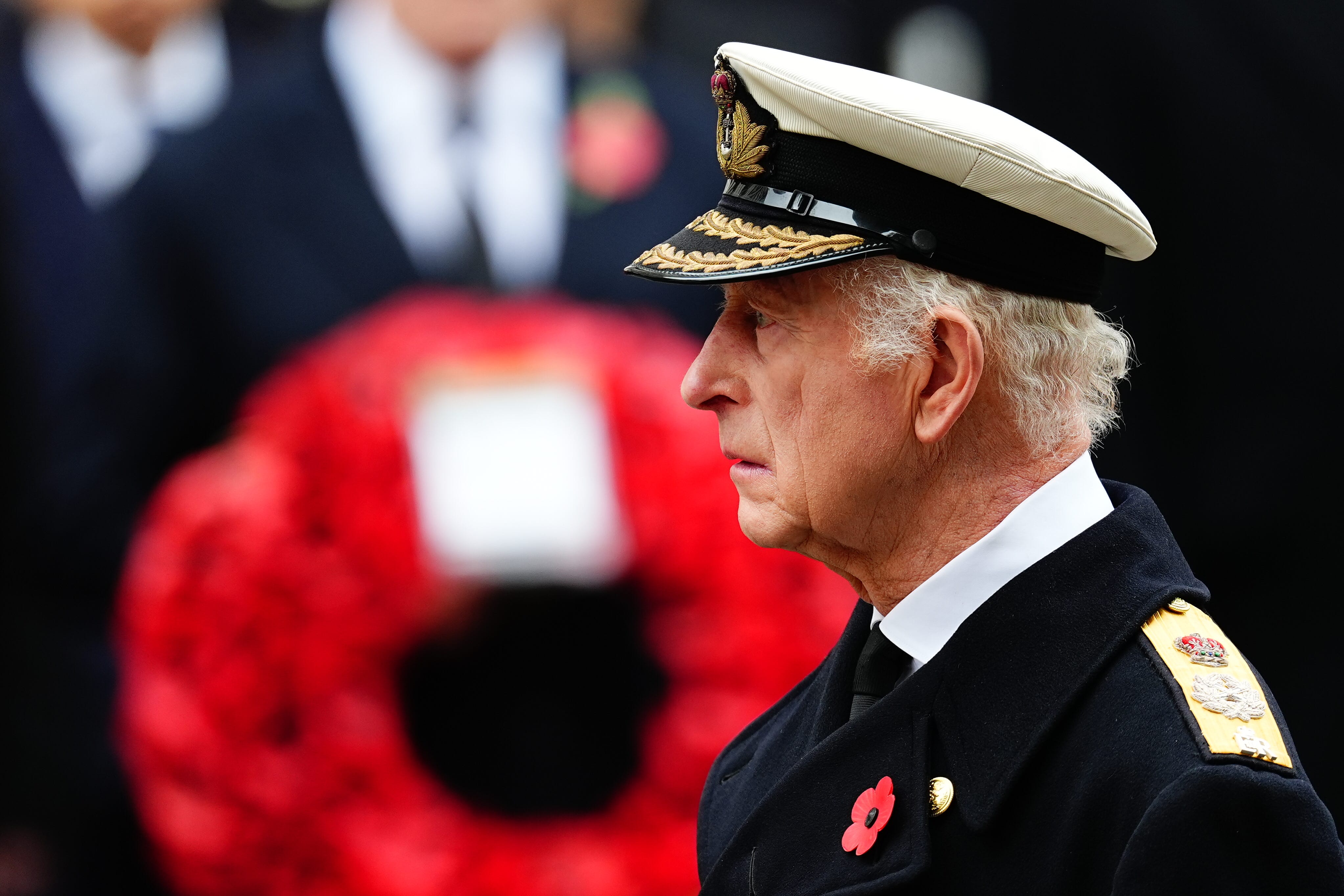 The King during the Remembrance Sunday service at the Cenotaph in London (James Manning/PA)