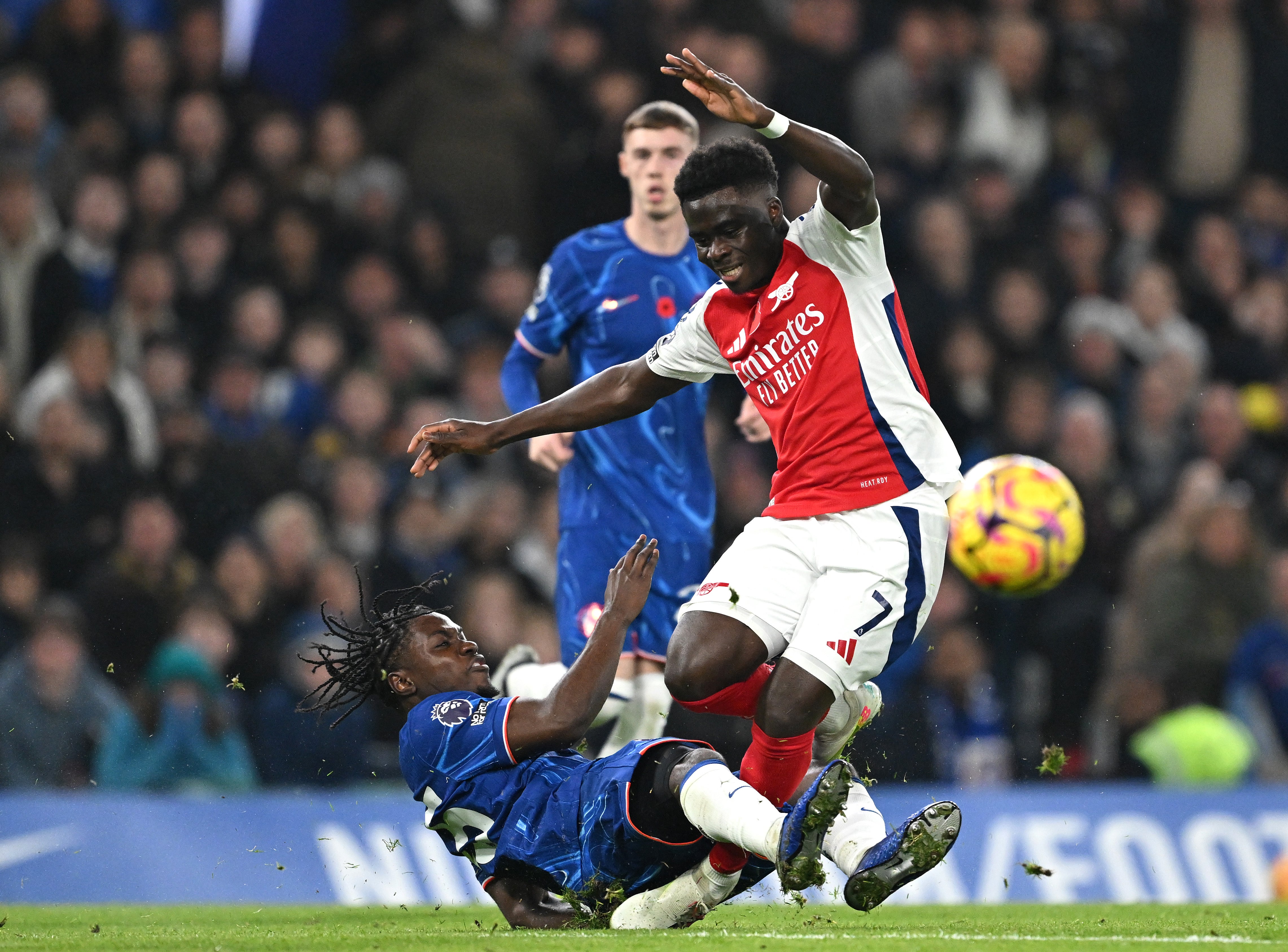 Romeo Lavia clatters through Arsenal’s Bukayo Saka