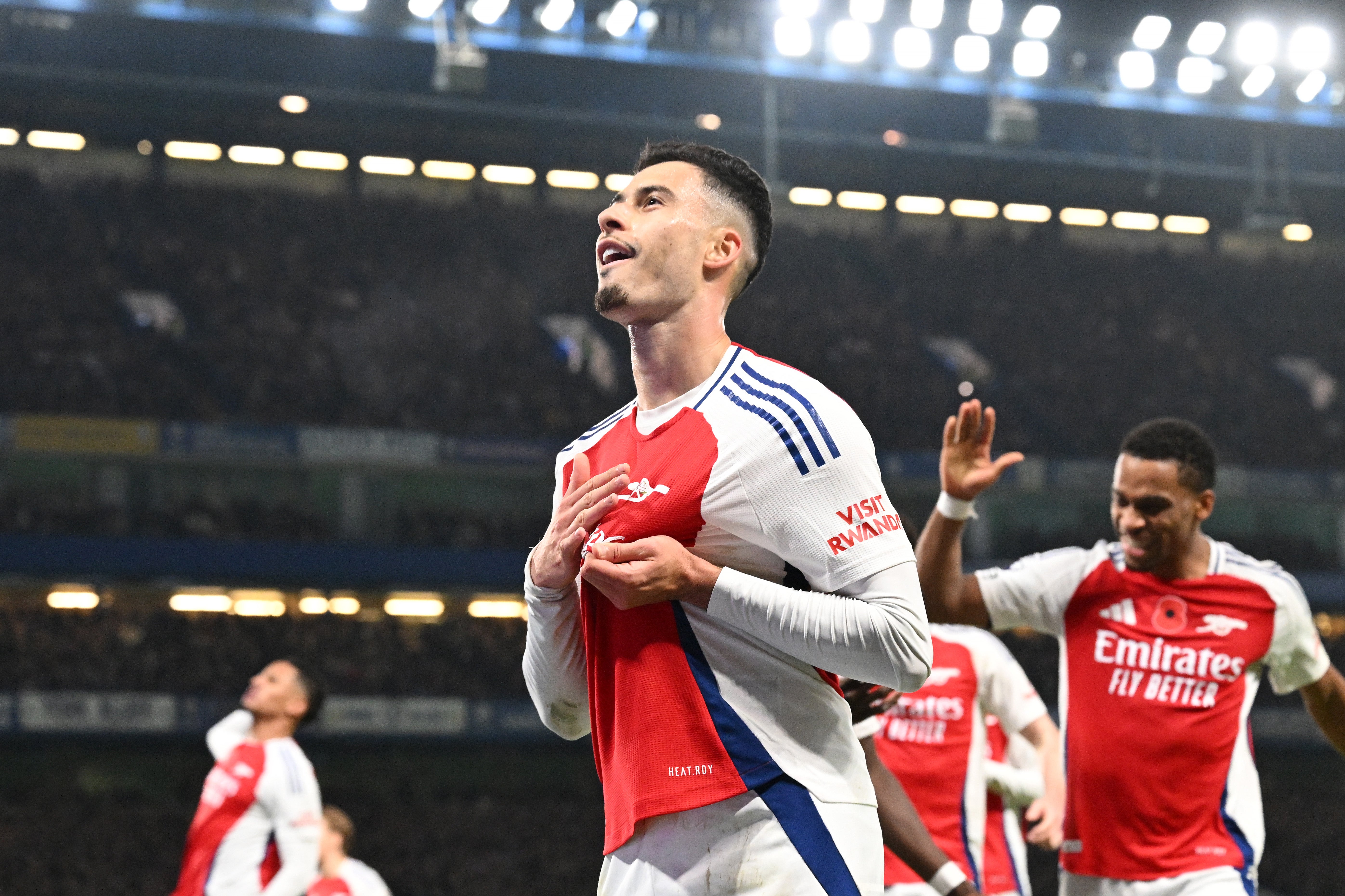 Martinelli celebrates in front of the away supporters