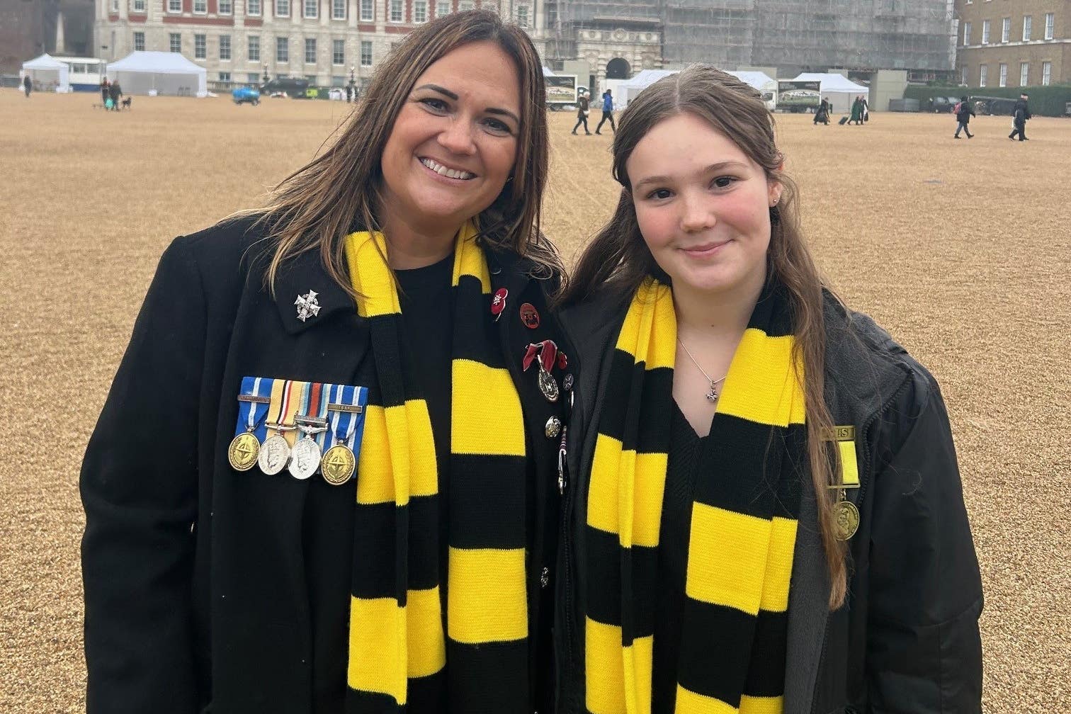 Scotty’s Little Soldiers founder Nikki Scott (left) with Lexie Pallett in Horse Guards Parade after the march past the Cenotaph in the annual Remembrance Sunday service (Sam Hall/PA)