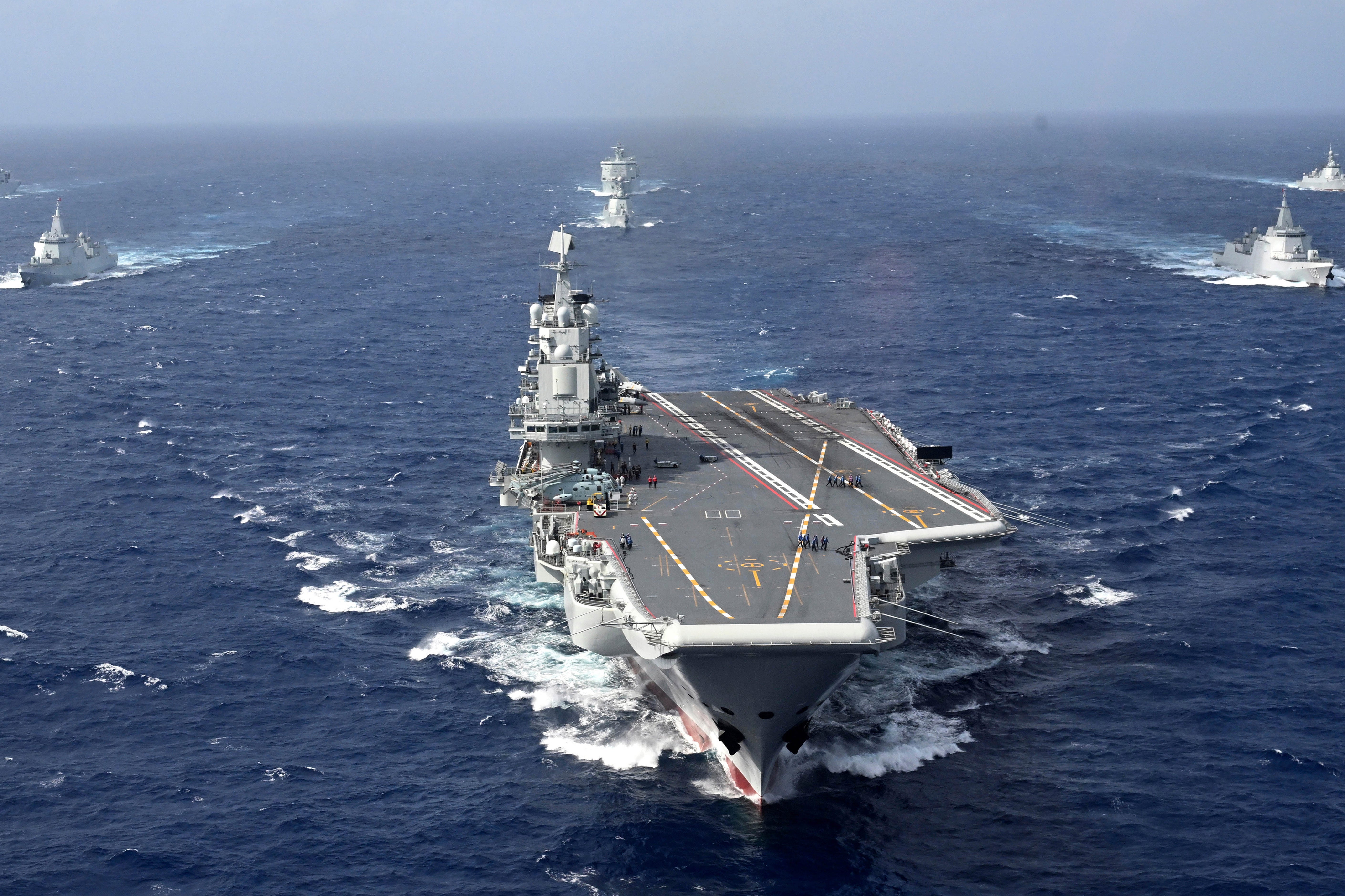 In this photo released by Xinhua News Agency, conventionally powered Chinese aircraft carrier Liaoning carries out a dual aircraft carrier formation exercise with the Shandong aircraft carrier, unseen, for the first time in the South China Sea in late October 2024. (Pu Haiyang/Xinhua via AP)