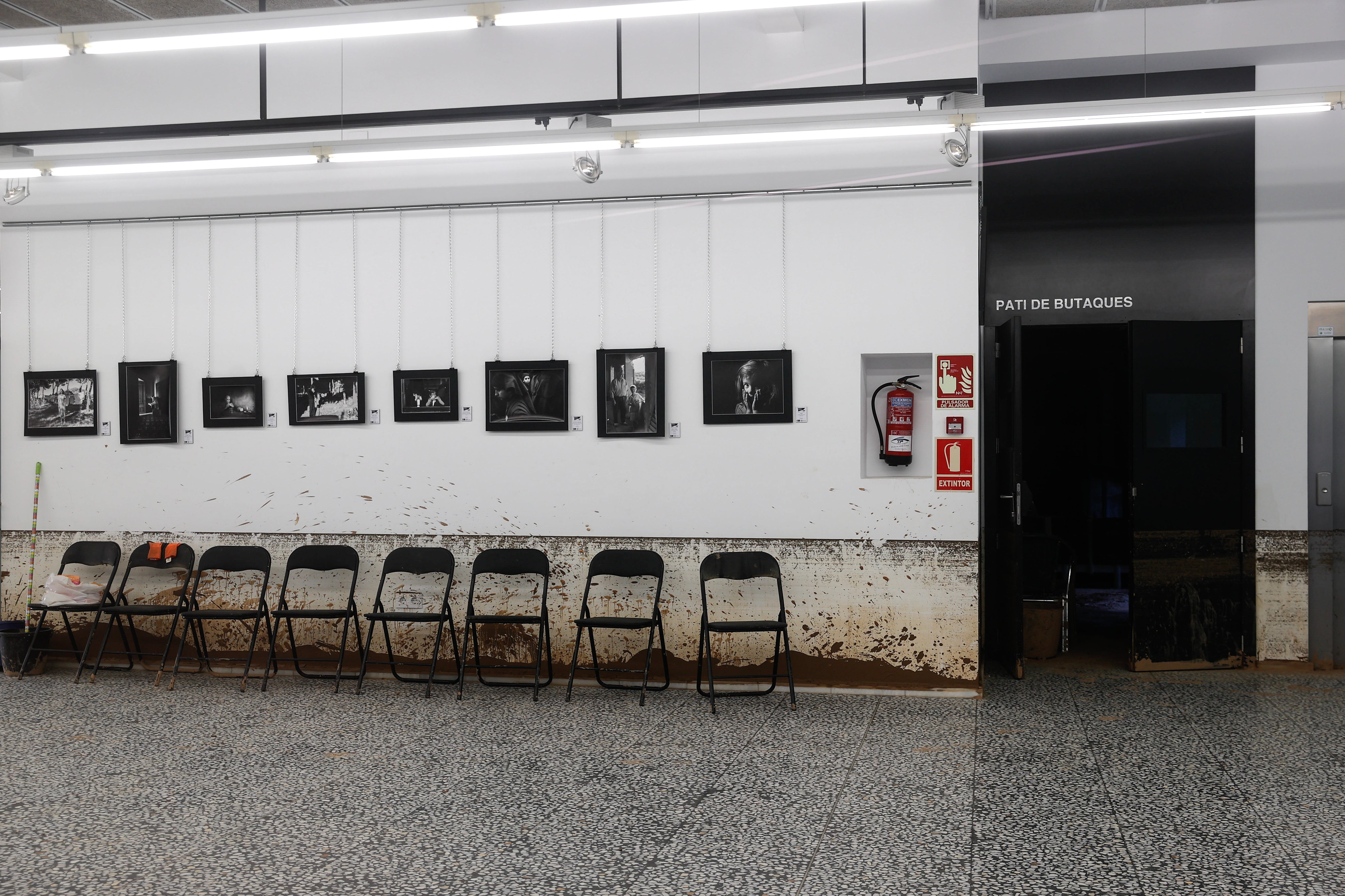 The level reached by the flooding is marked on a wall at Salvador Segui Auditorium in the flood-hit town of Massanassa, province of Valencia, Spain