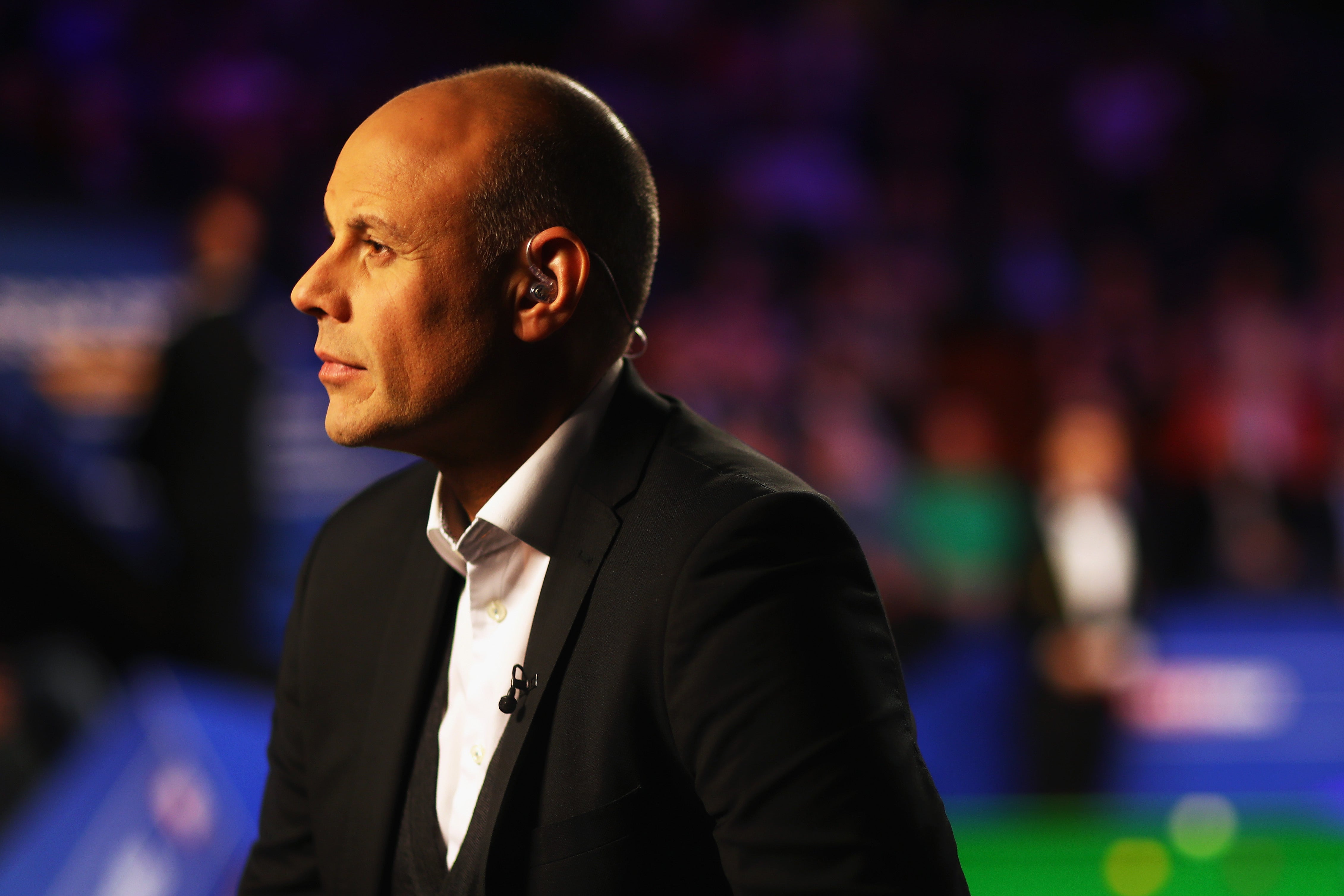 Presenter Jason Mohammad is seen during day six of the World Snooker Championship at Crucible Theatre