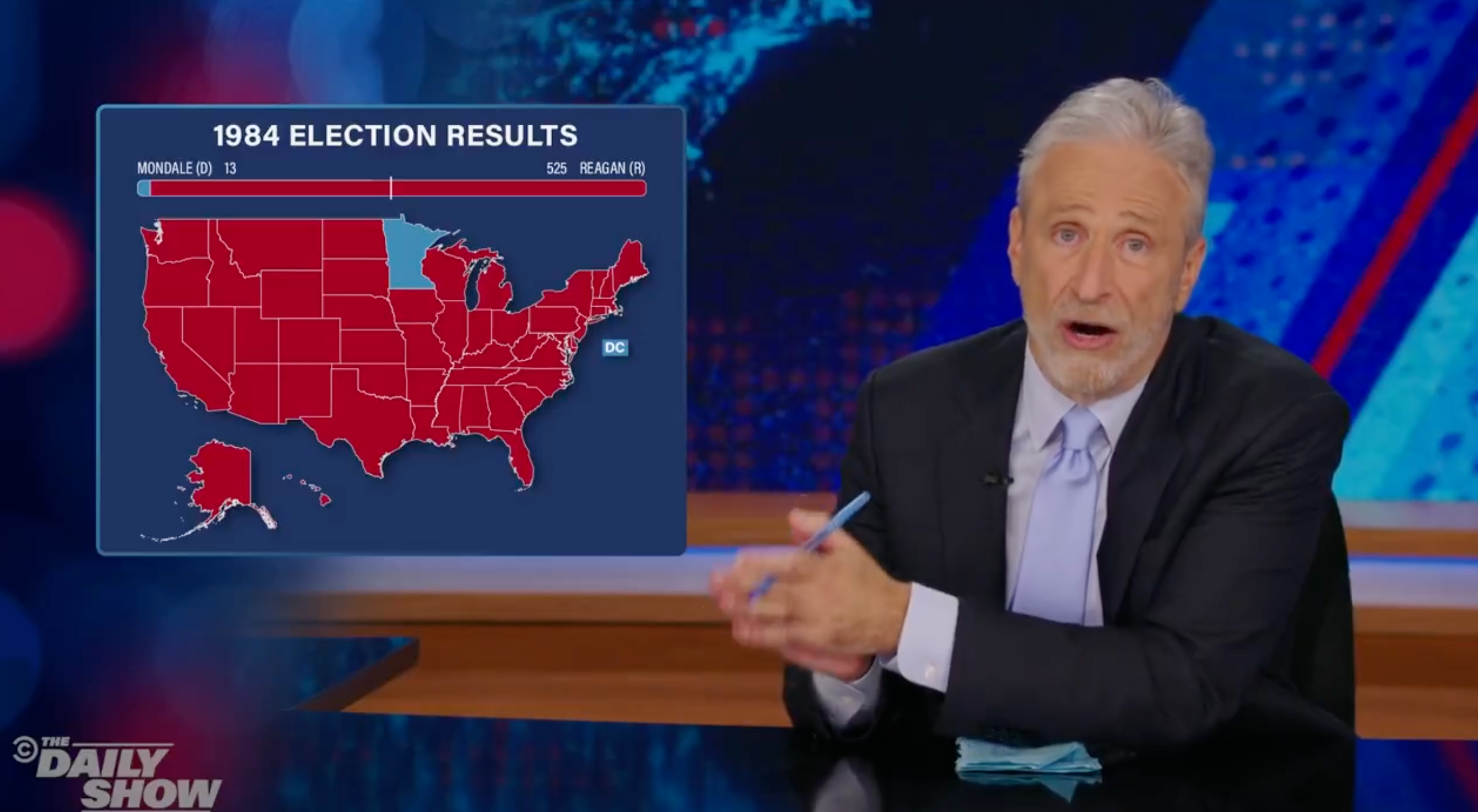 Jon Stewart with a map of the 1984 US election results