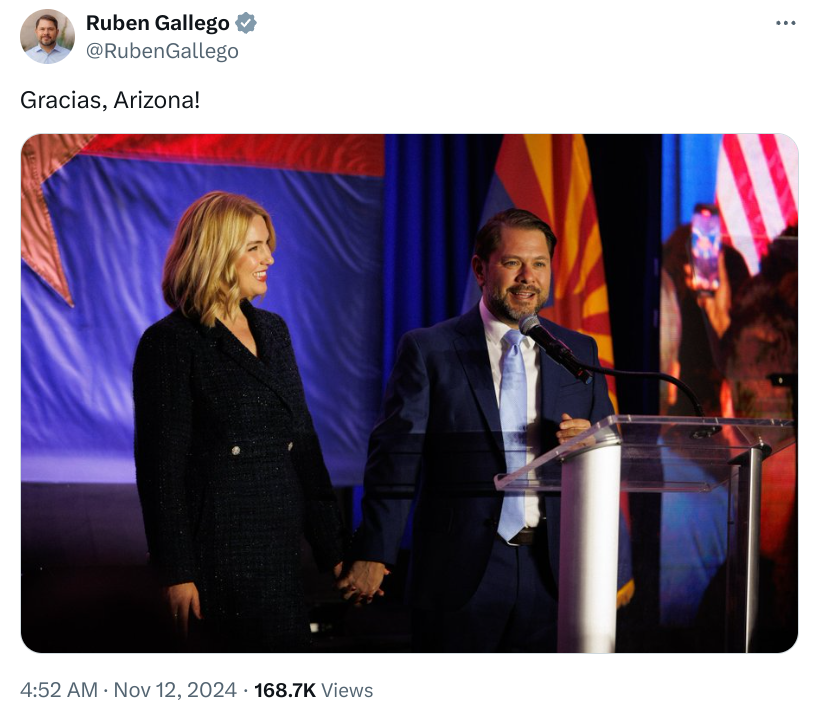 Democratic Arizona Senate candidate Ruben Gallago celebrates his election win over Republican rival Kari Lake on November 11 2024