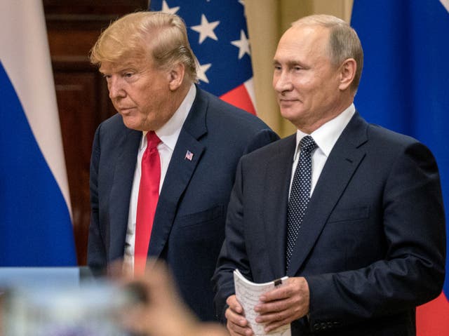 <p>Terrible twosome: Trump and Putin at at press conference in Helsinki, Finland, in 2018 </p>