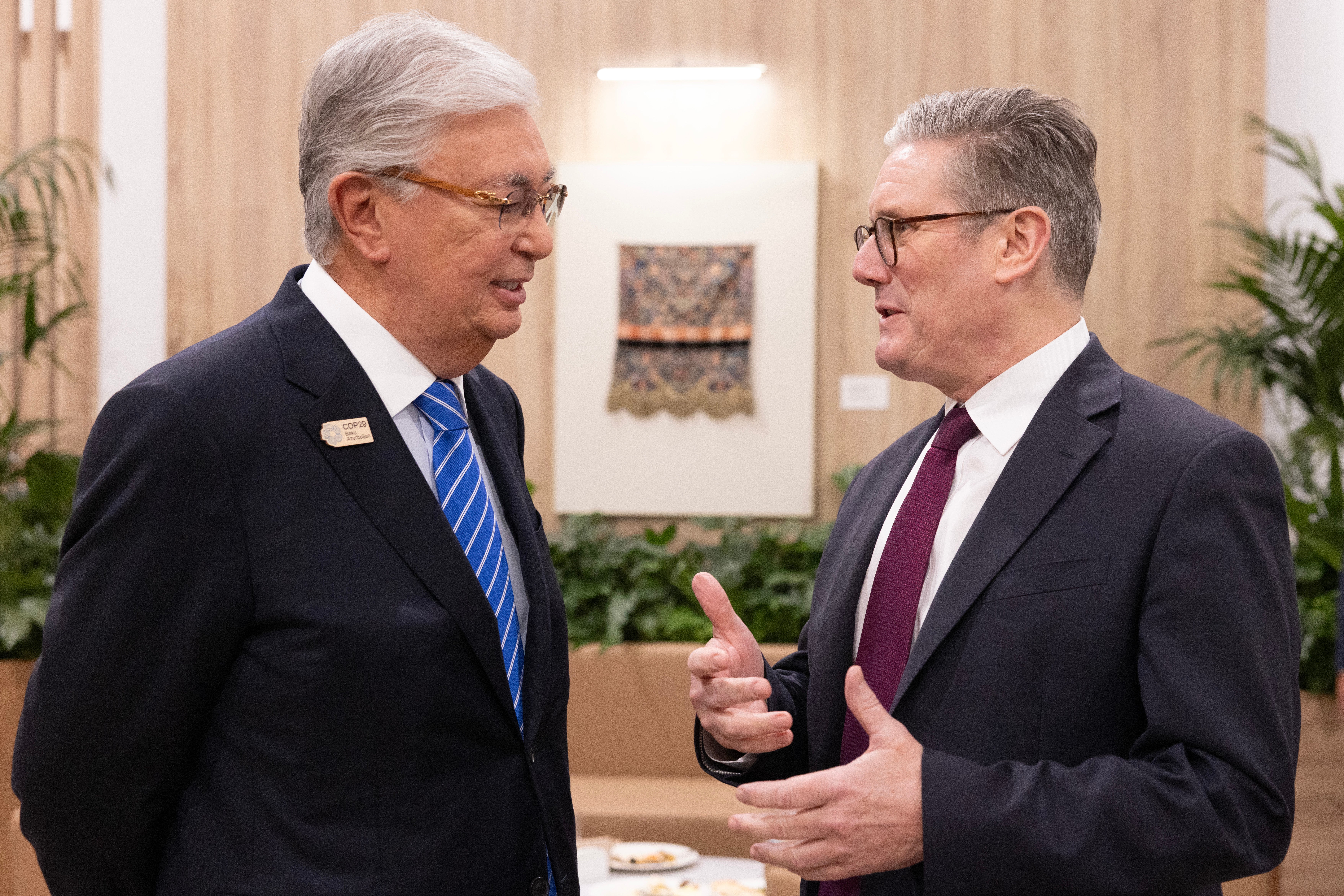Kazakh president Kassym-Jomart Tokayev with British prime minister Keir Starmer during COP29 in Azerbaijan
