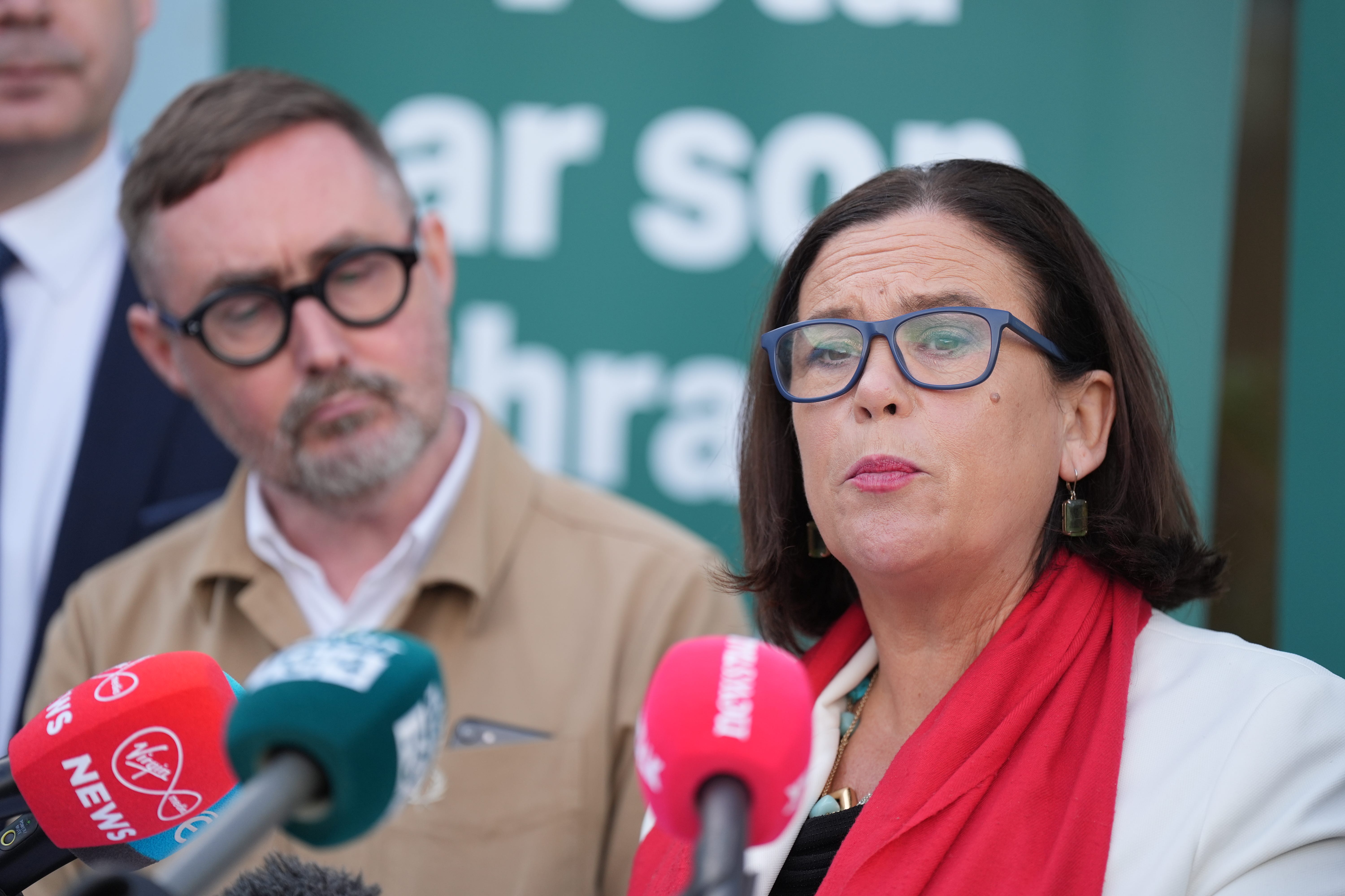 Spokesman on housing Eoin O Broin and Sinn Fein leader Mary Lou McDonald launching their party’s proposals to make housing affordable, in Clondalkin, Dublin (Niall Carson/PA)