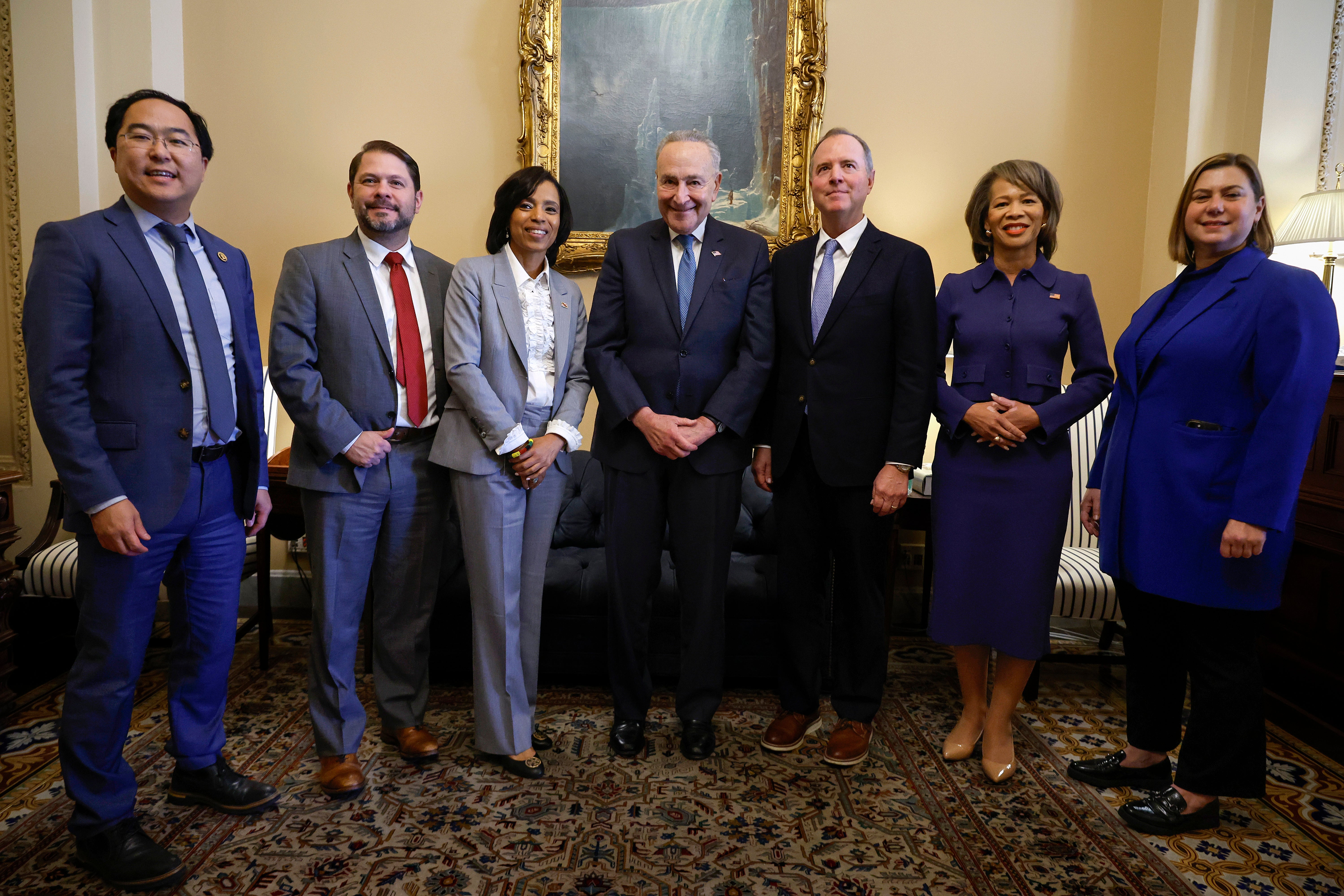 U.S. Senate Majority Leader Charles Schumer (D-NY) (C) meets with newly elected Democratic Senators, (L-R) Senator-elect Andy Kim (D-NJ), Senator-elect Ruben Gallego (D-AZ), Senator-elect Angela Alsobrooks (D-MD) Senator-elect Adam Schiff (D-CA) Senator-elect Lisa Blunt Rochester (D-DE) and Senator-elect Elissa Slotkin (D-MI) at the U.S. Capitol.