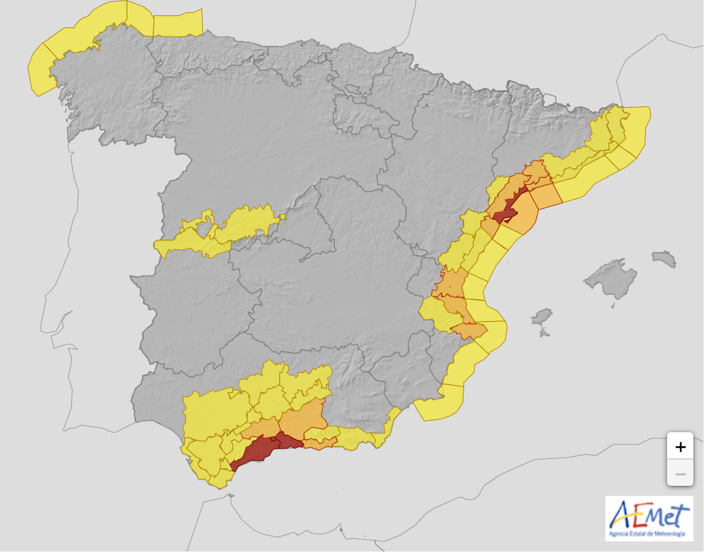 The Costa del Sol is along the southern coast of Spain, facing the Mediterranean Sea, stretching across the province of Malaga and east of Gibraltar