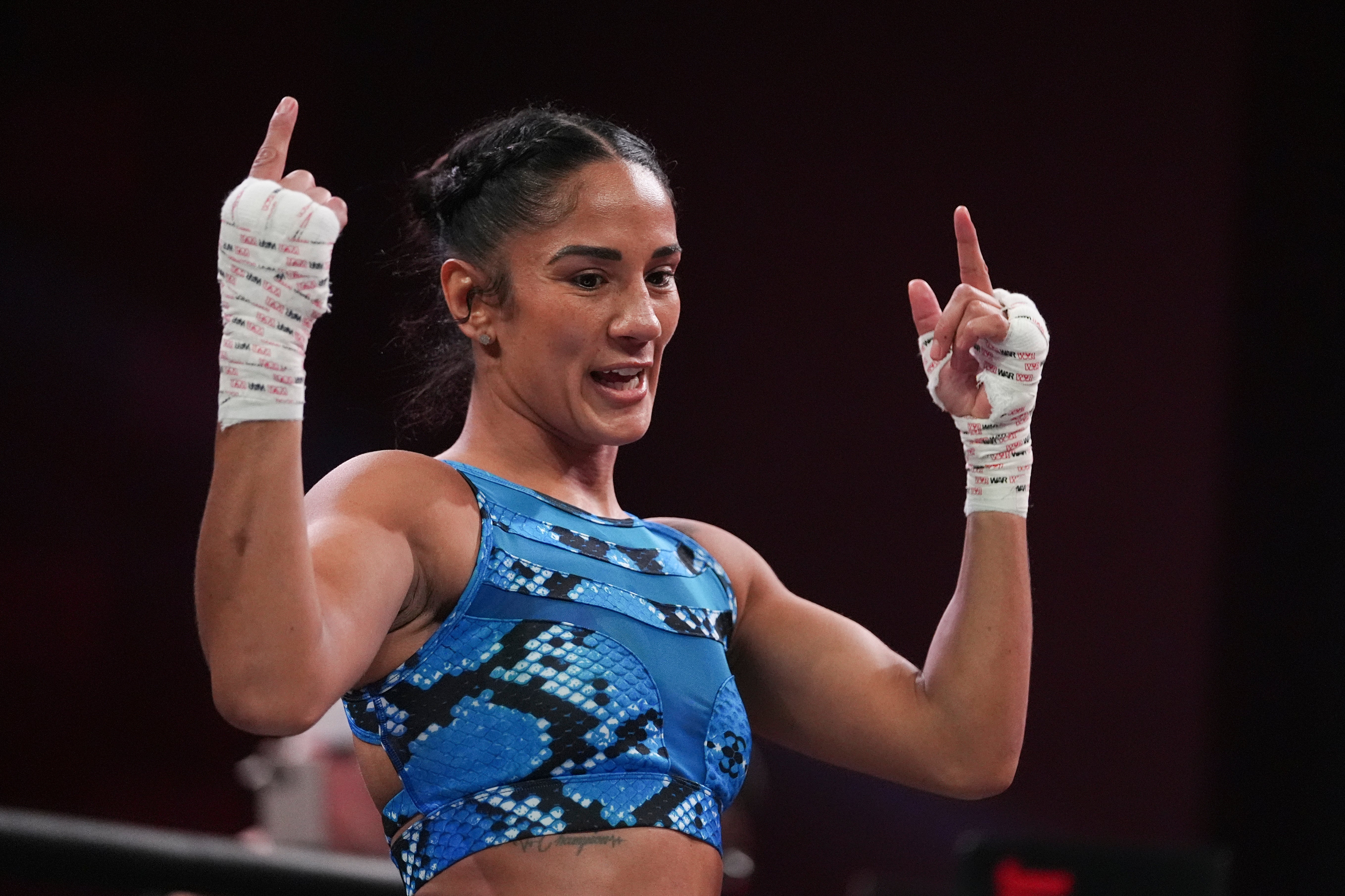 Amanda Serrano reacts while working out in Irving, Texas