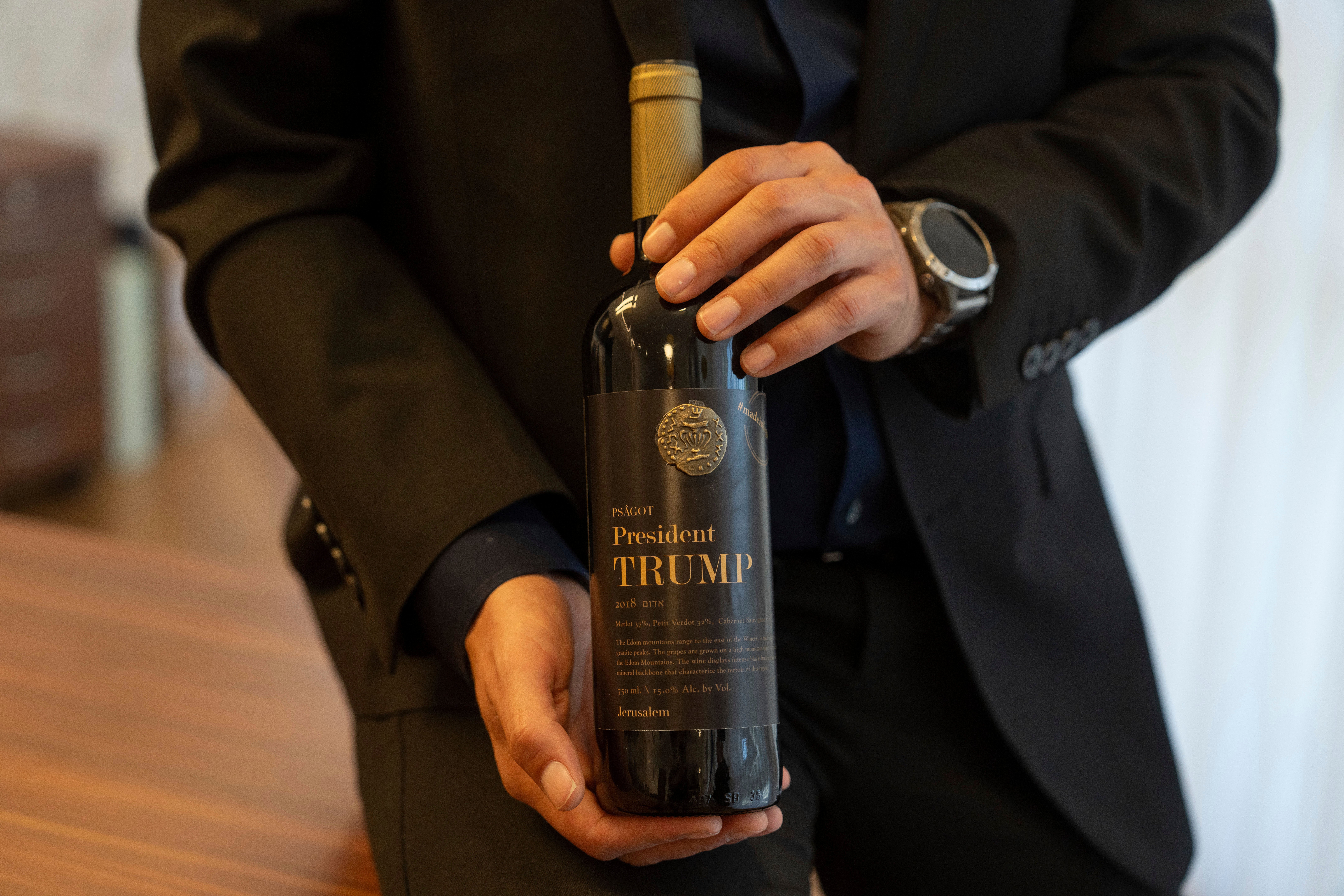 A bottle of Donald Trump-branded wine, one of the many, many products to which the president has lent his name