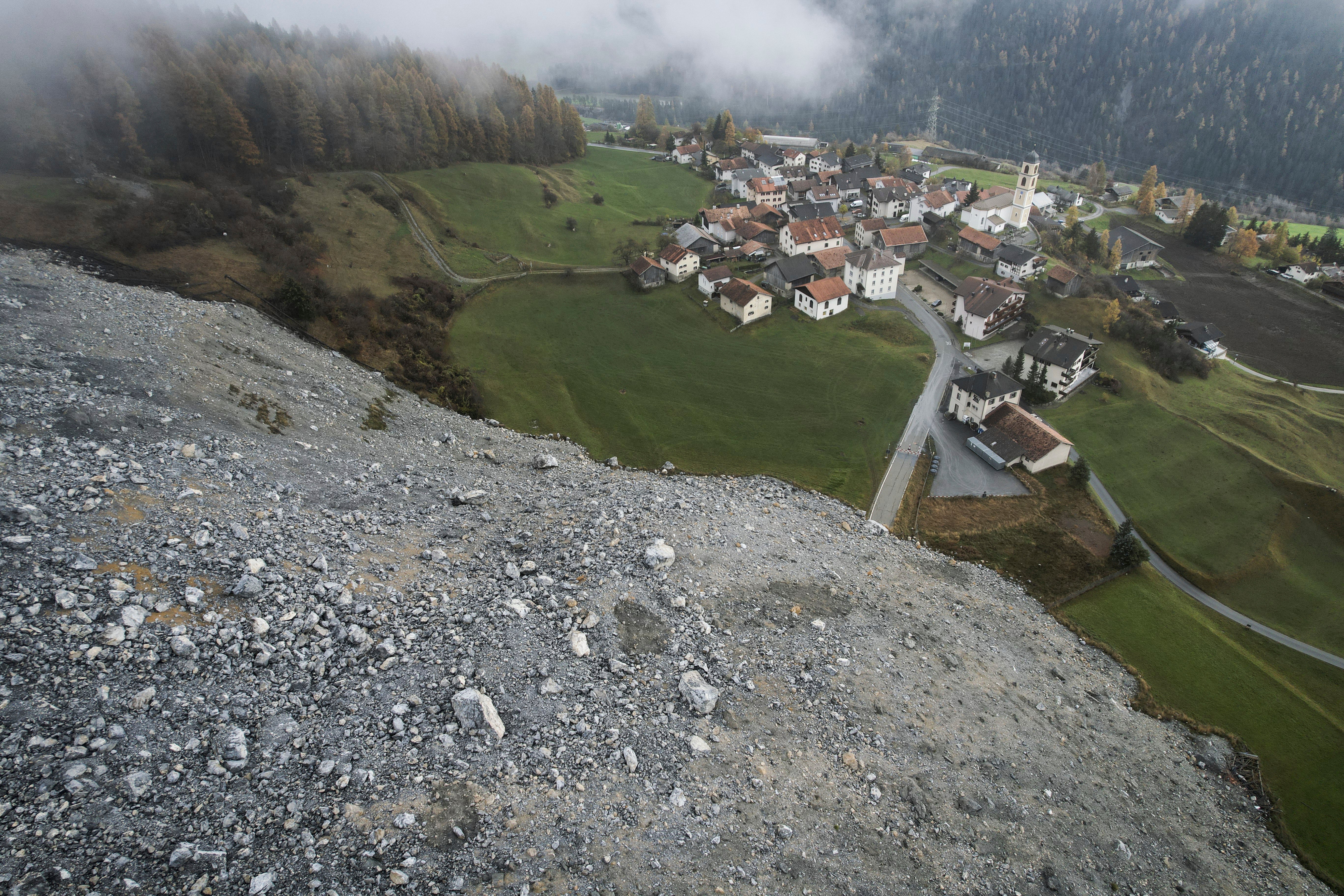 A view of a landslide next to Brienz, Tuesday, Nov. 12, 2024, in Brienz-Brinzauls, Switzerland