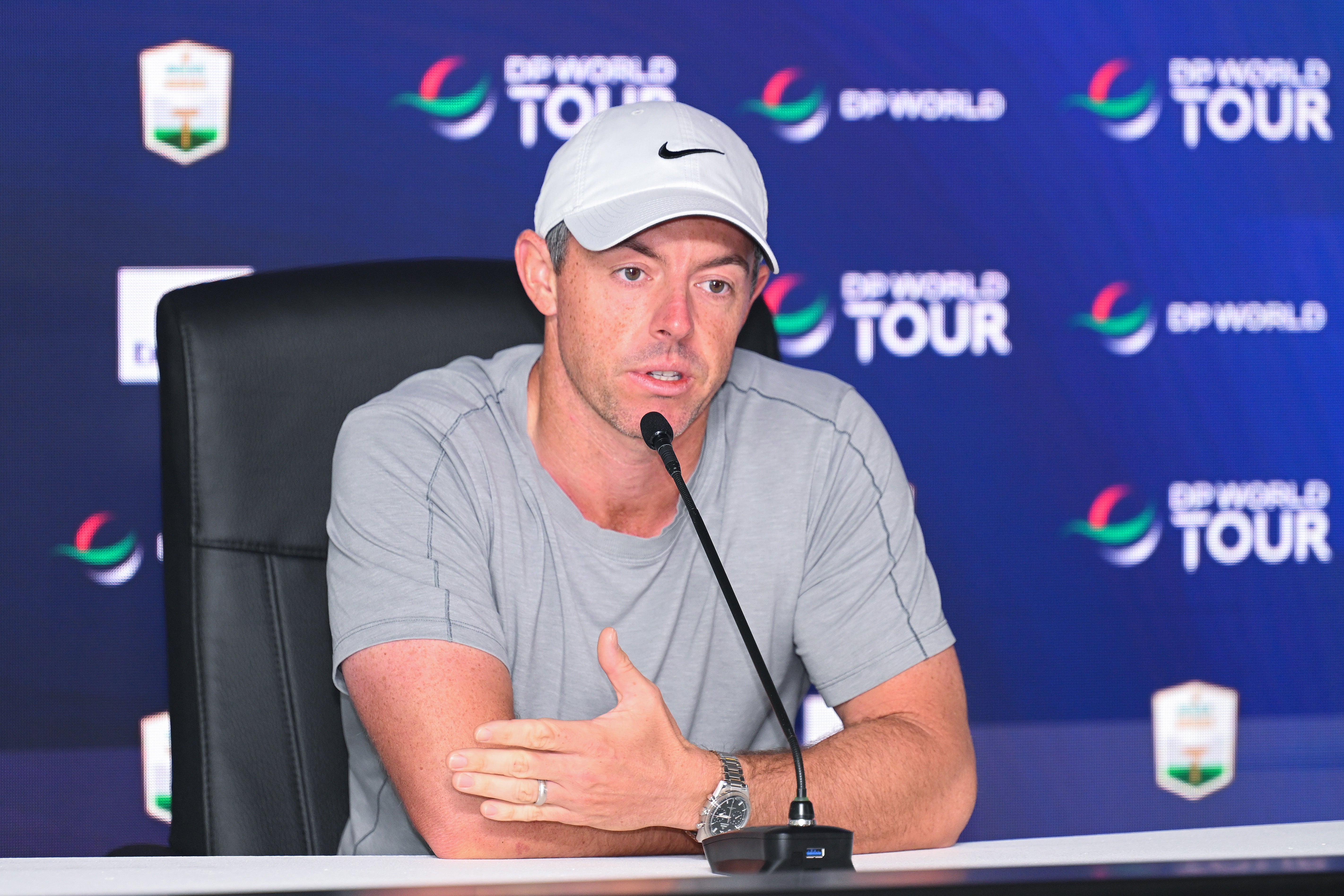 Rory McIlroy speaks to the media in Dubai, United Arab Emirates