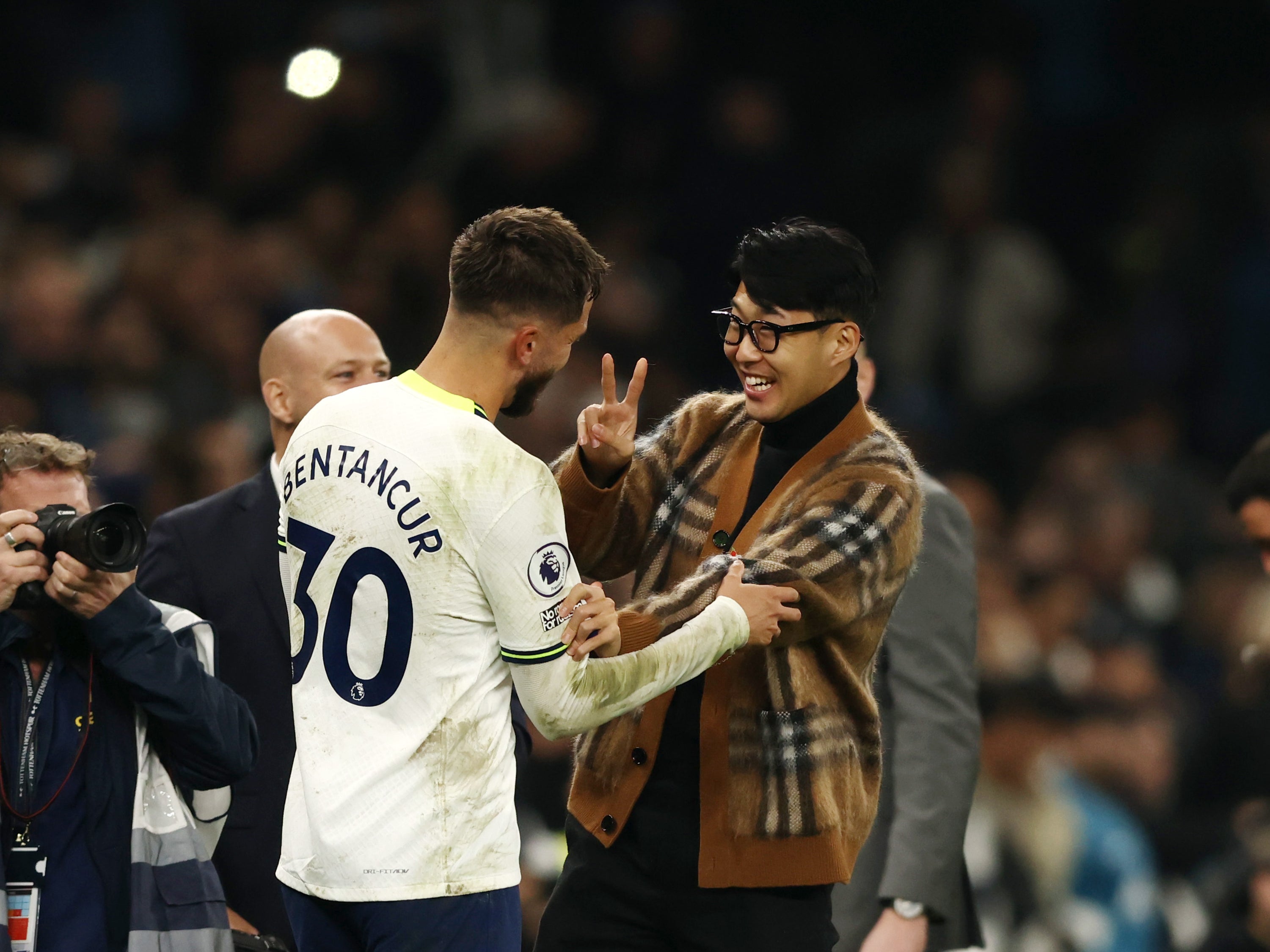 Son Heung-Min celebrates with Rodrigo Bentancur against Leeds United in 2022