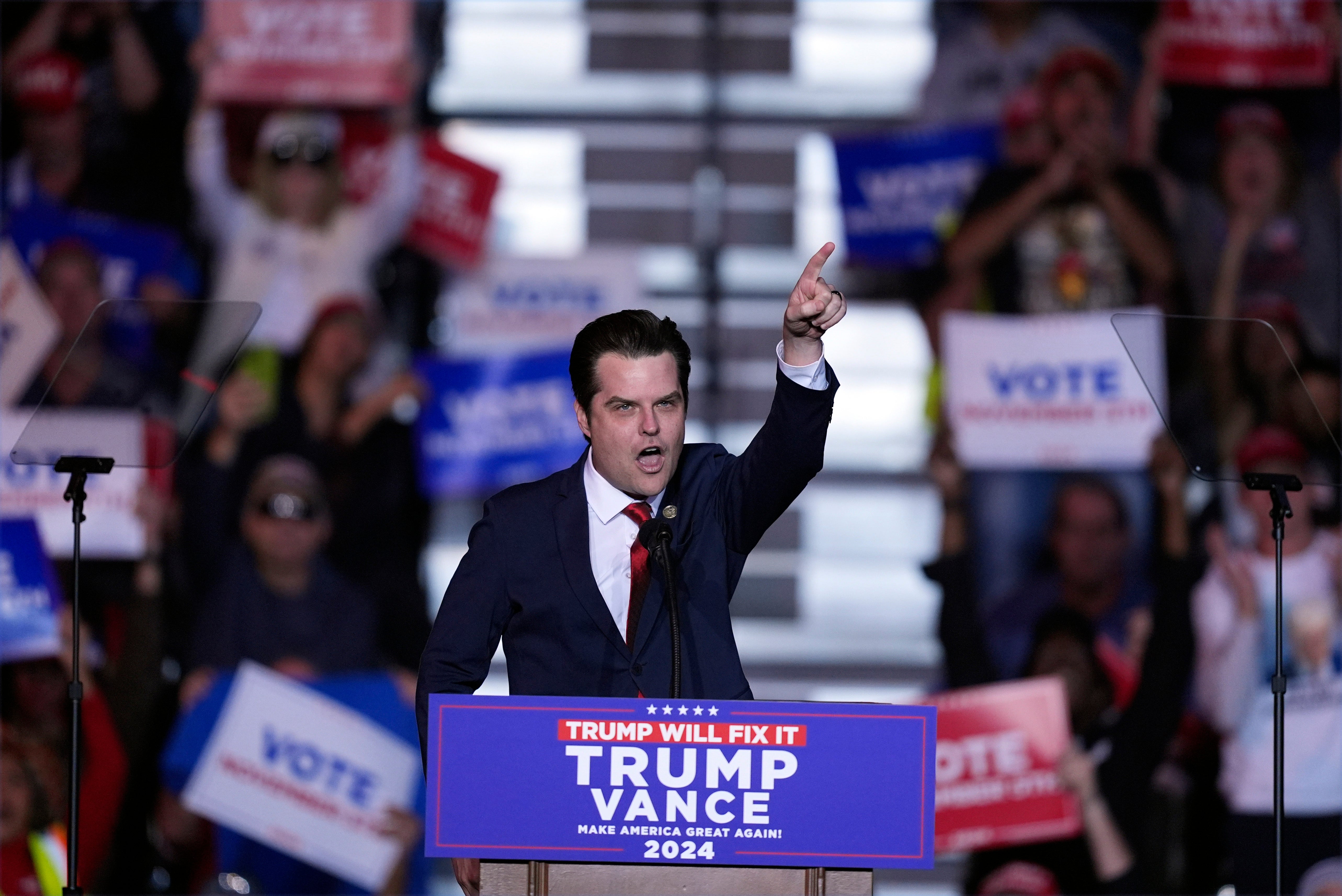 Matt Gaetz, pictured rallying for Donald Trump in Nevada on October 31, is likely to face intense scrutiny from Democratic senators during confirmation hearings after Trump nominated him as attorney general