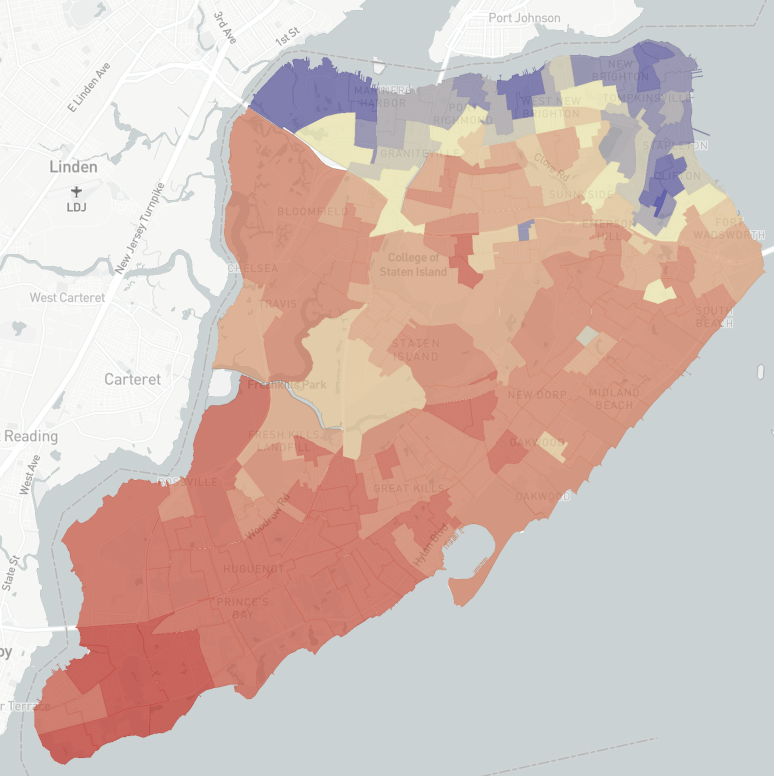 Map of voting patterns on Staten Island by district, in the 2024 presidential election.