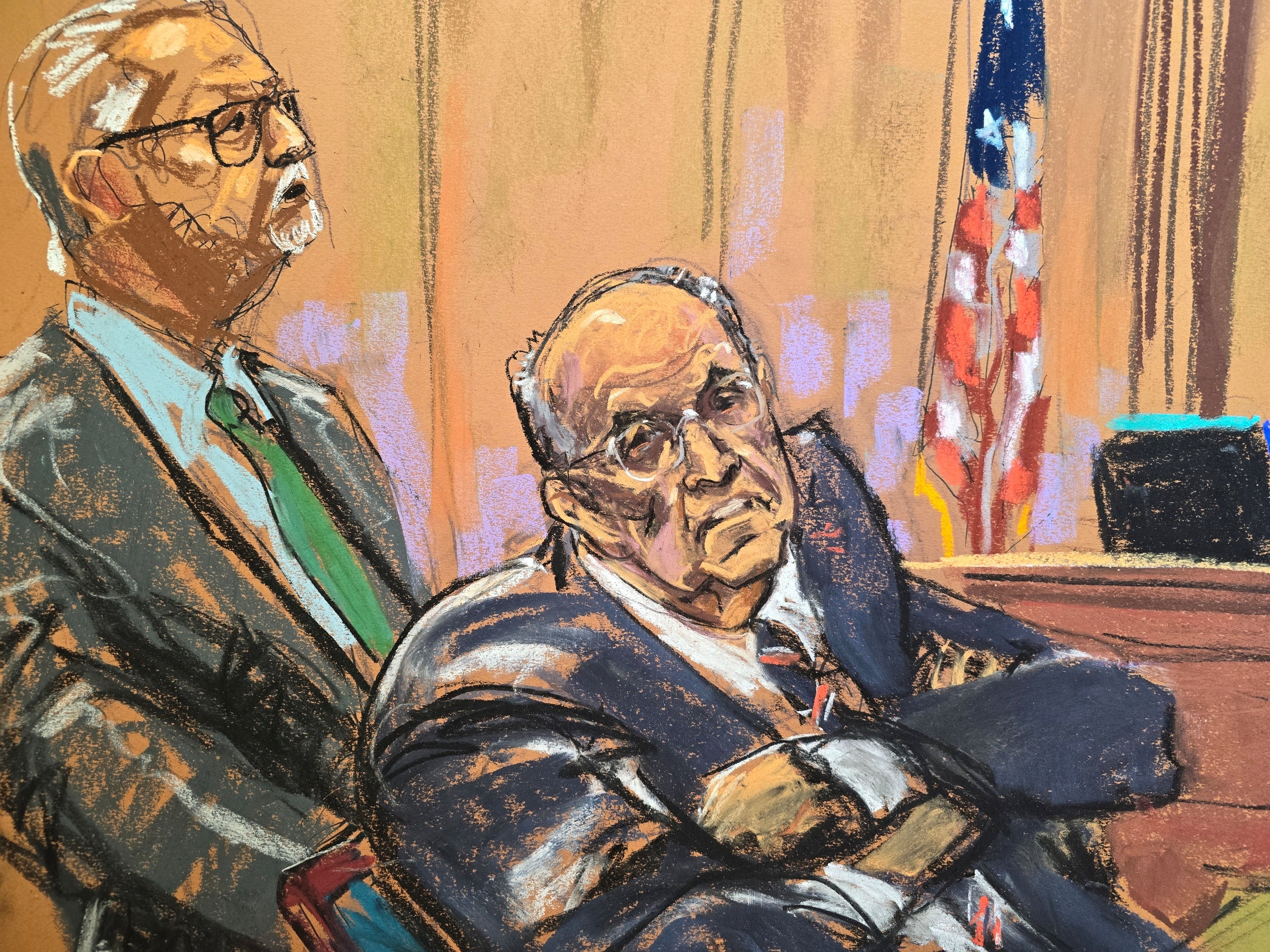 A court sketch depicts Rudy Giuliani with his lawyer Kenneth Caruso in federal court on November 7 after the former New York City mayor failed to surrender valuables to Georgia election workers he defamed. Caruso announced he was quitting his client a week later