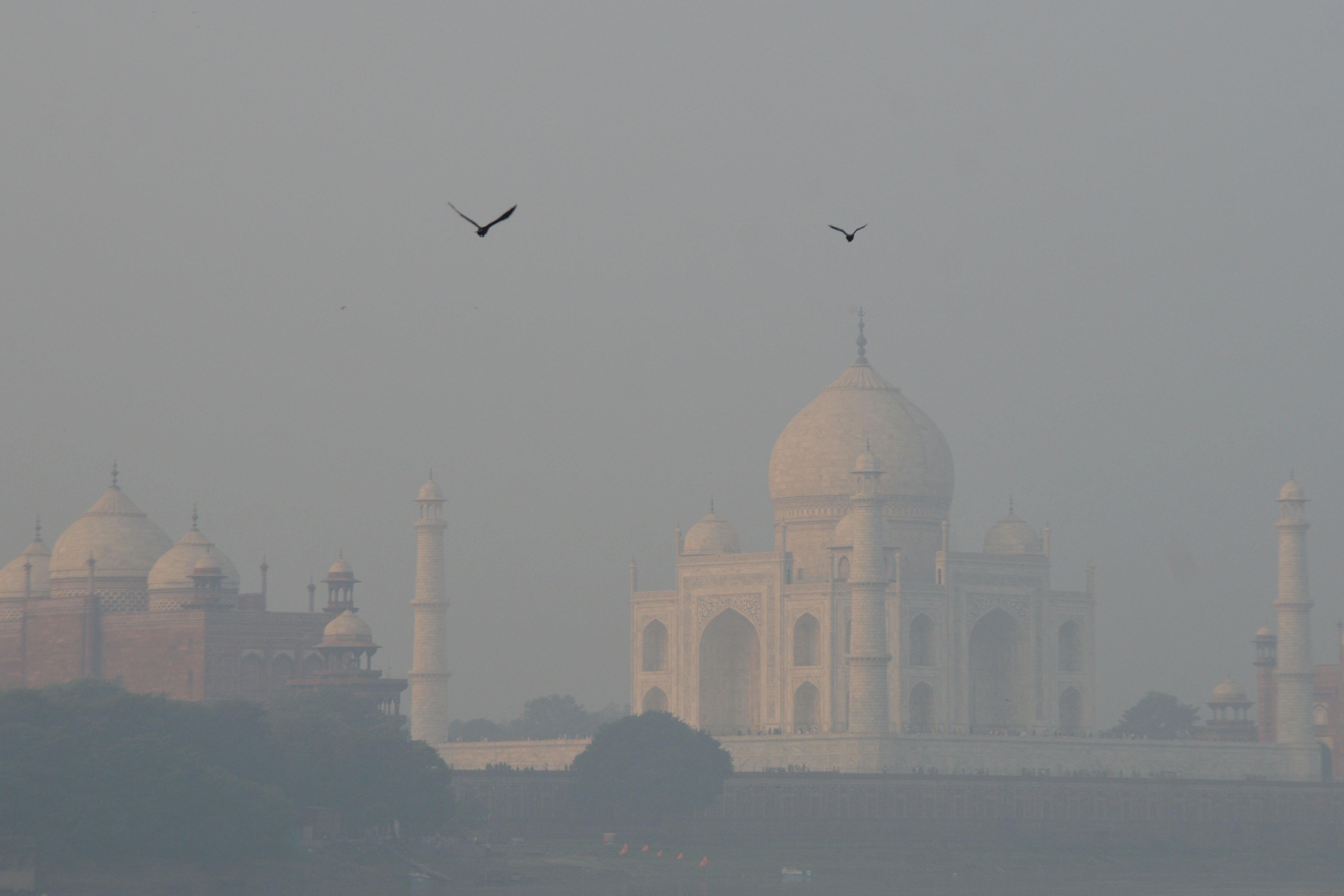 A general view shows the Taj Mahal amid smoggy conditions in Agra