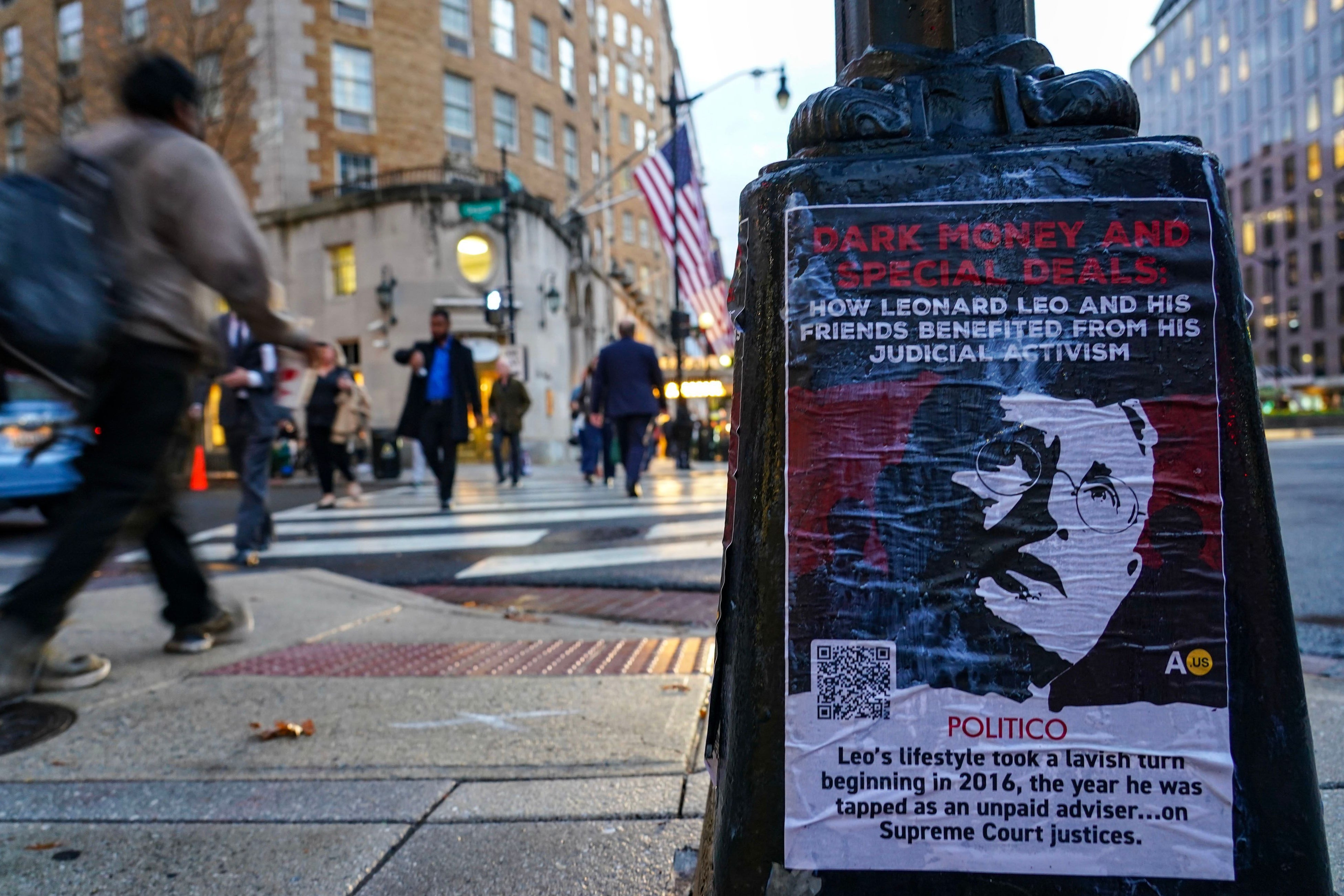 A poster in Washington DC condemns Leo’s influence on the Supreme Court