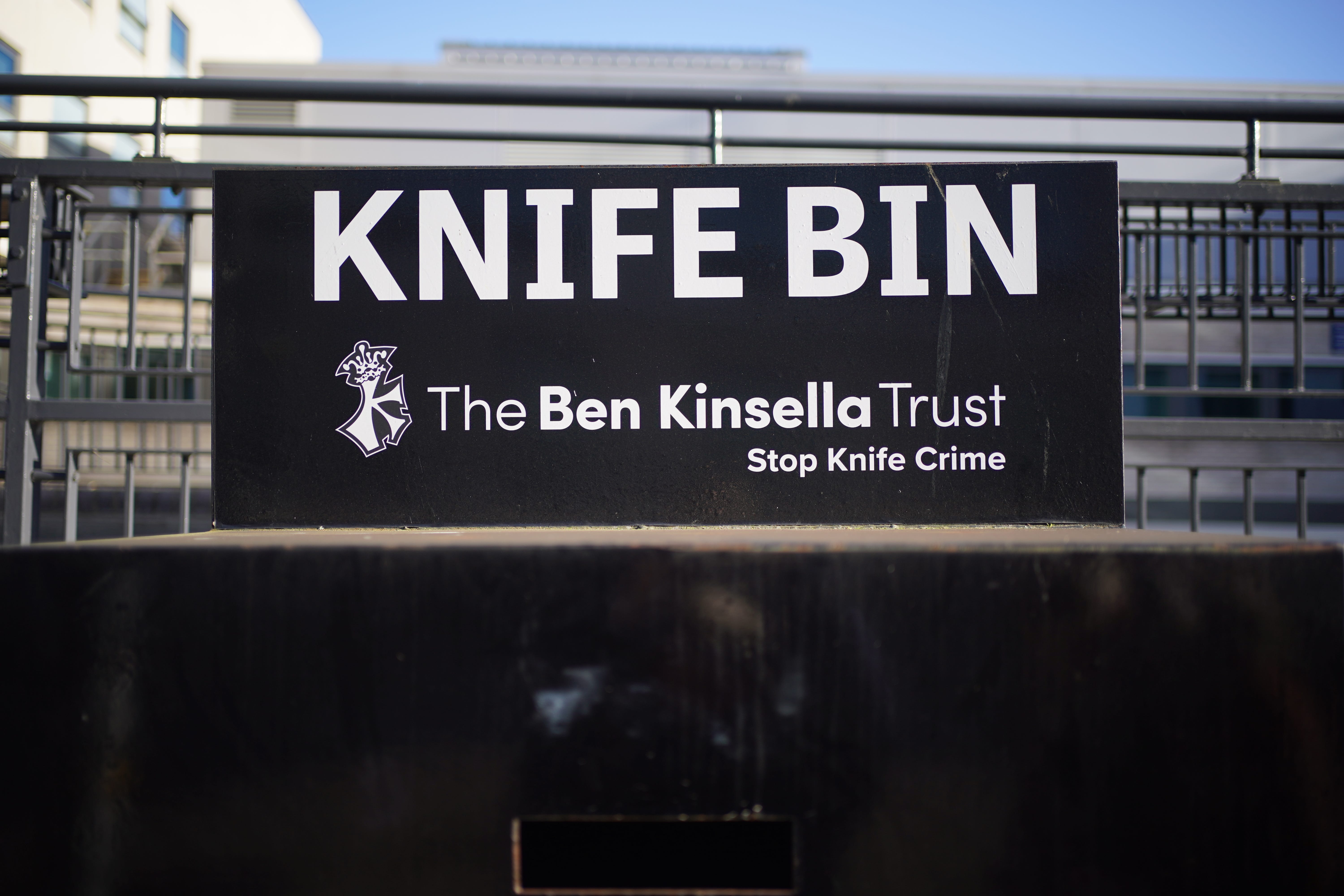 A knife bin provided by the Ben Kinsella Trust outside Chelmsford Crown Court in Essex (Yui Mok/PA)