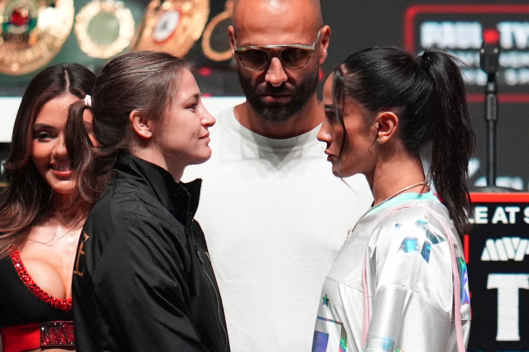 Katie Taylor and Amanda Serrano fight on Friday night (Julio Cortez/AP)