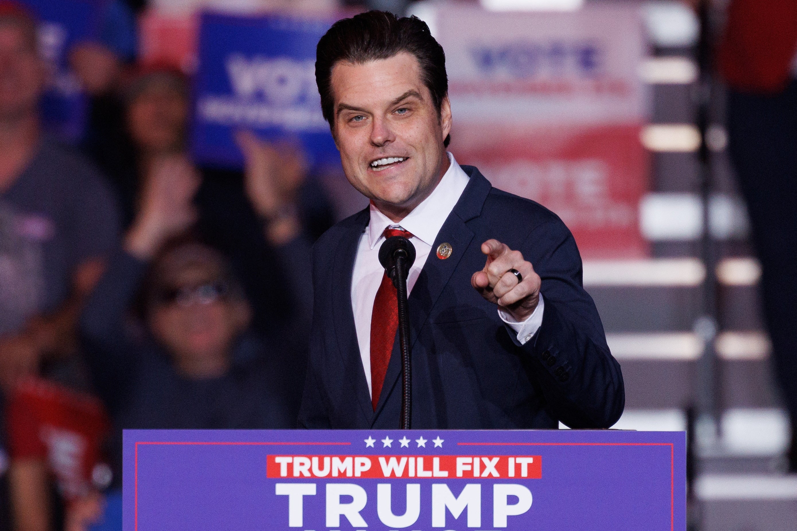 Matt Gaetz speaks at a Donald Trump rally. He has long been a supporter of the former president, which likely helped land him the attorney general nomination