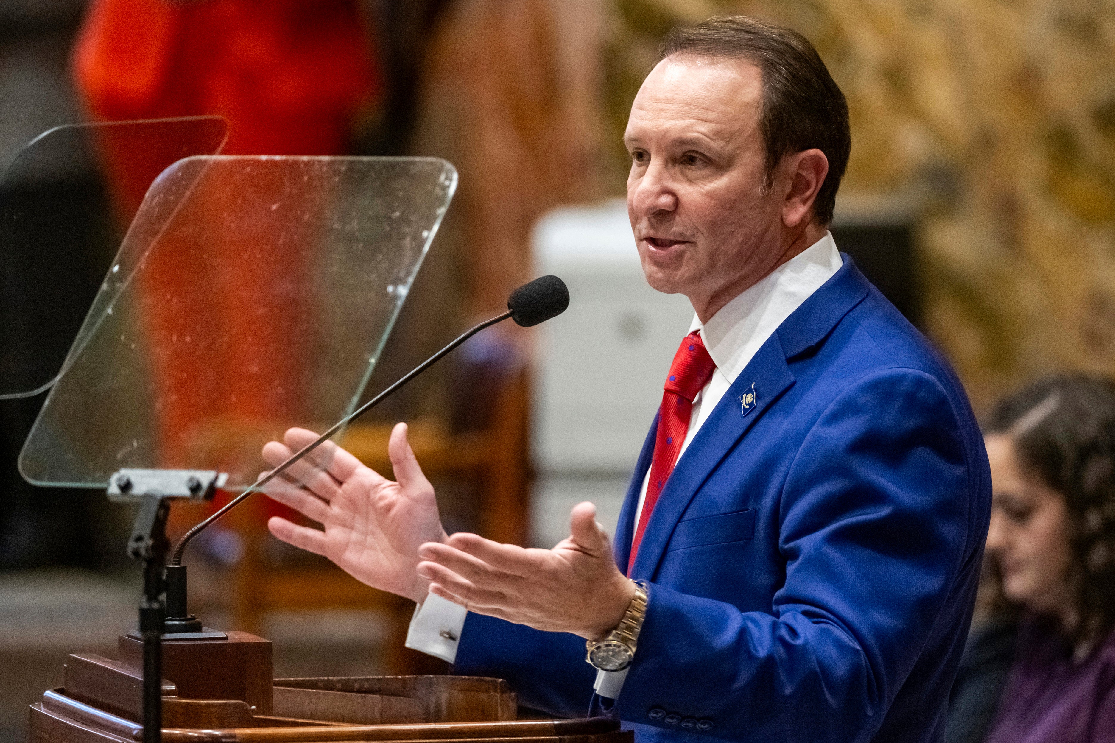 The student allegedly threatened Louisiana Governor Jeff Landry (pictured speaking at a special session in the House Chamber on January 15 in Baton Rouge)