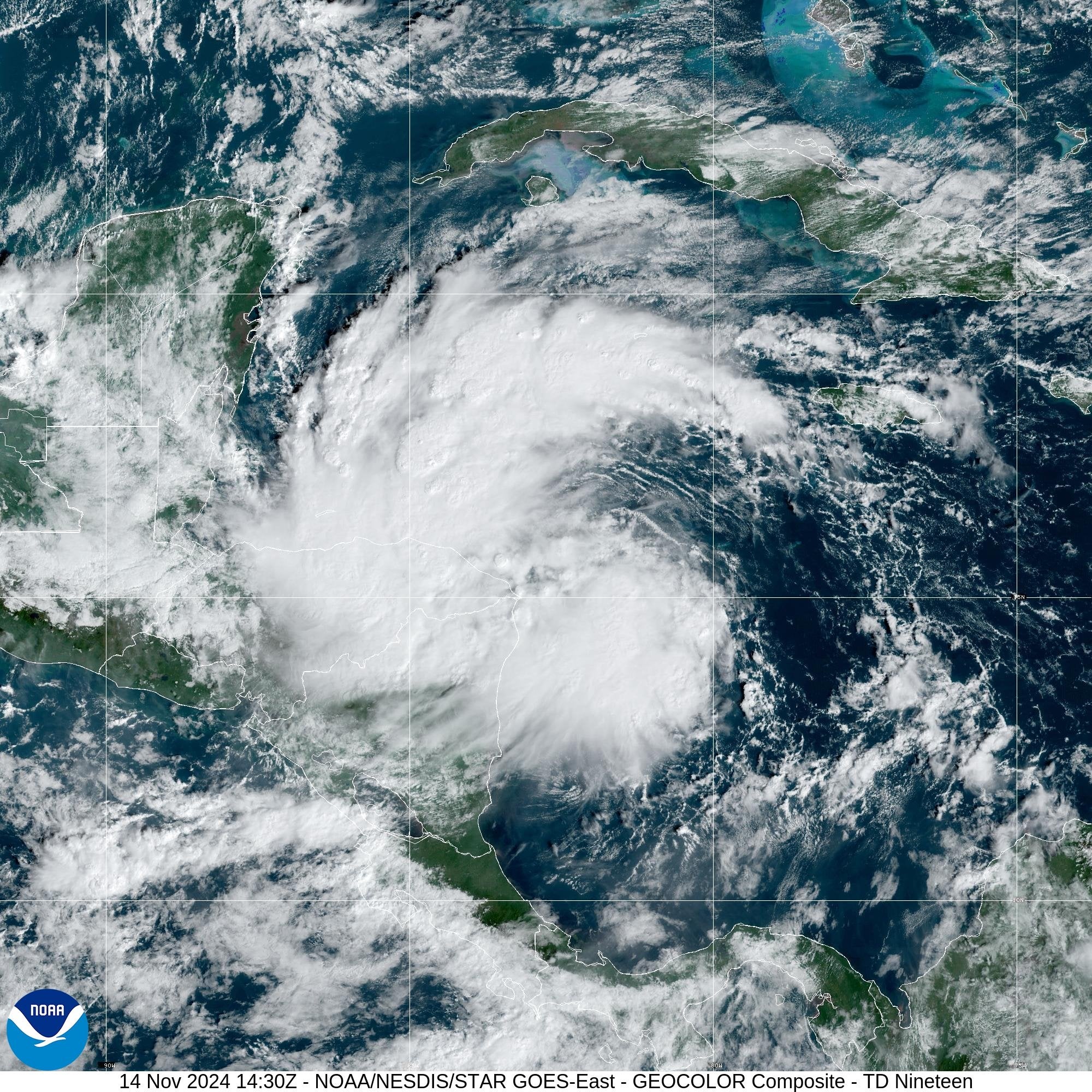 A satellite image shows the tropical depression that became Tropical Storm Sara on Thursday.