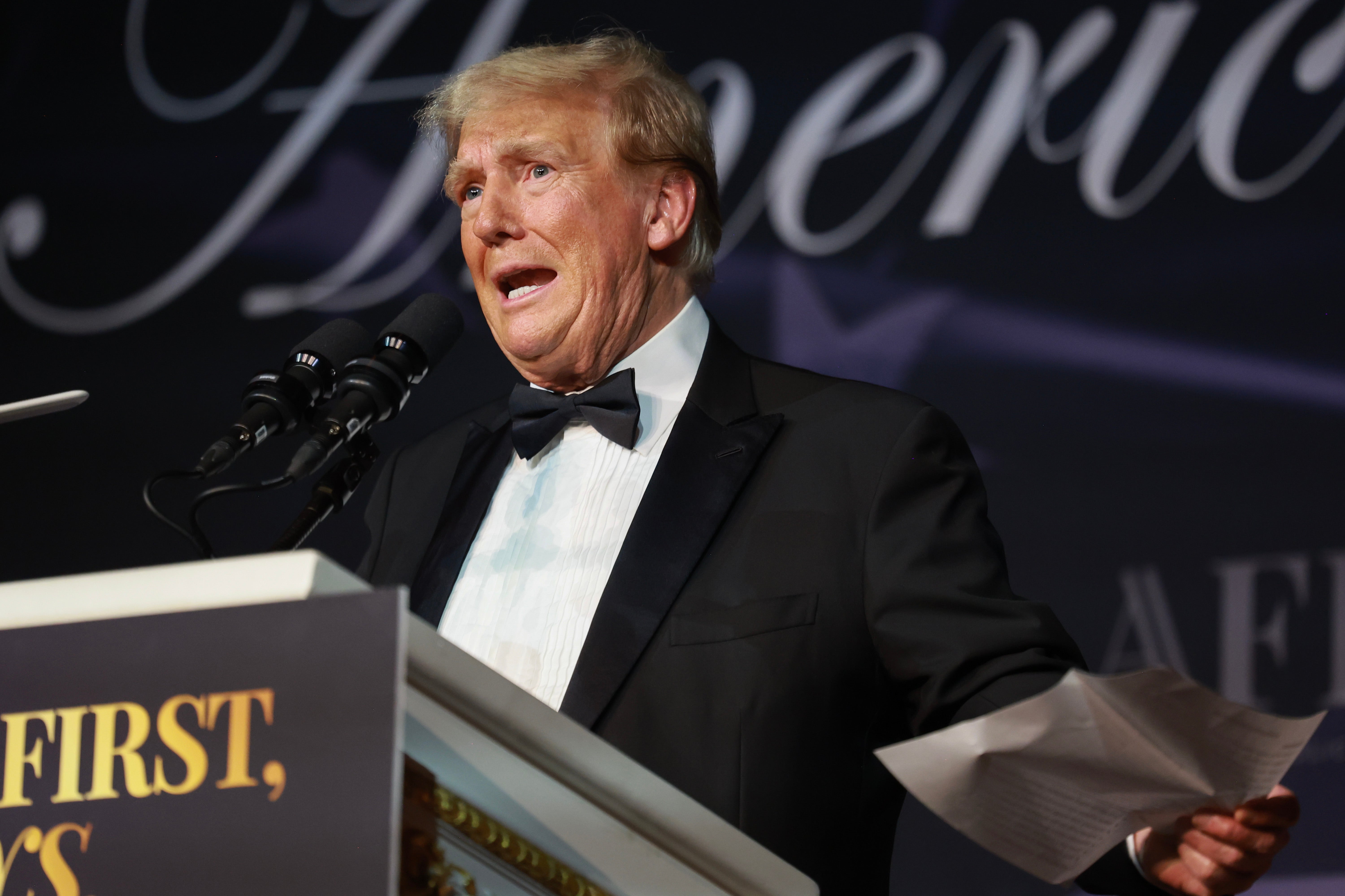 Donald Trump speaks at the America First Policy Institute Gala held at Mar-a-Lago on November 14 in Palm Beach, Florida. Iran sent a secret message to the US last month promising not to kill President-elect Trump