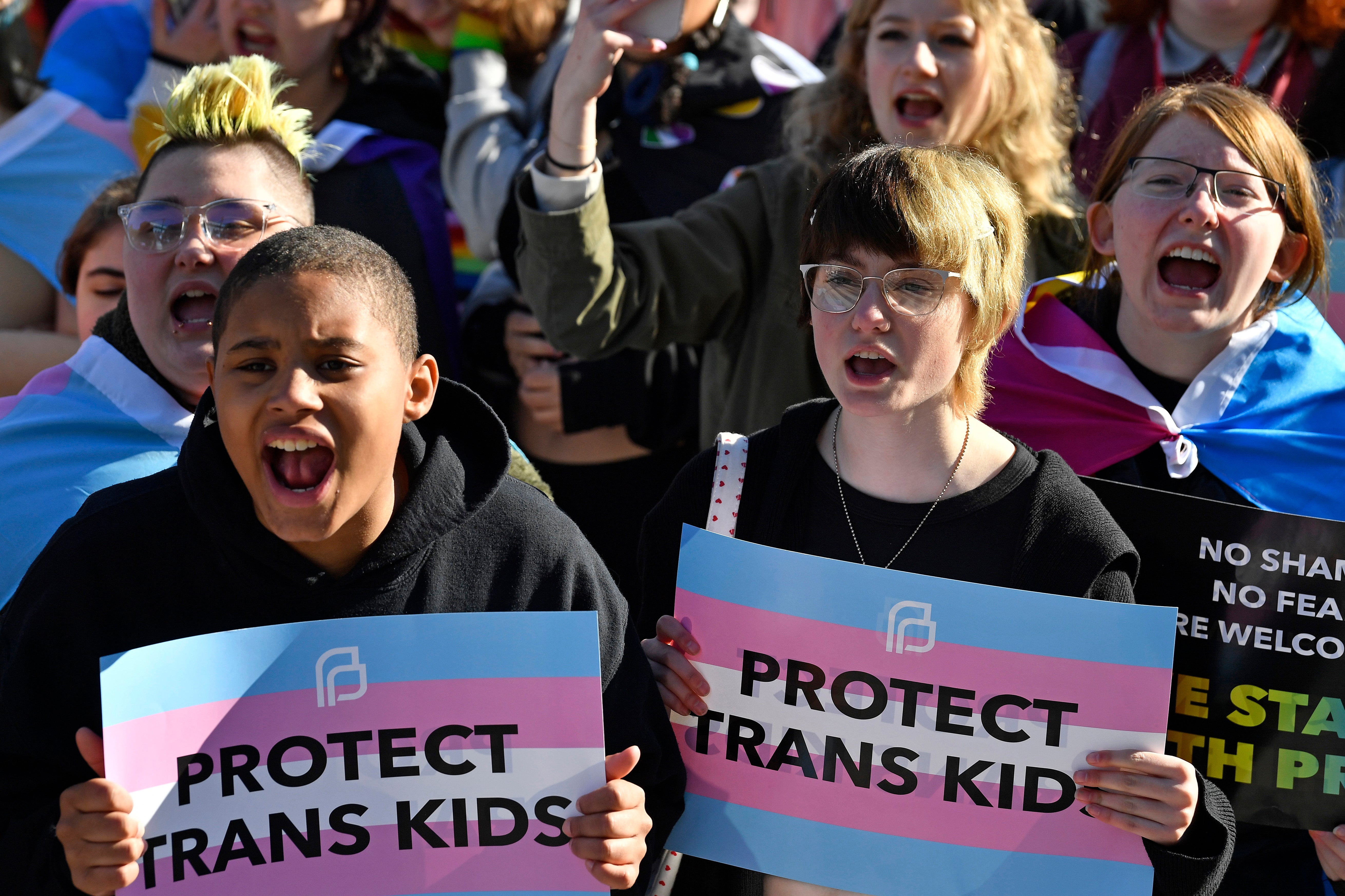 Protesters cheer on speakers during a Kentucky rally in opposition to the Transgender Health Bill in March 2023