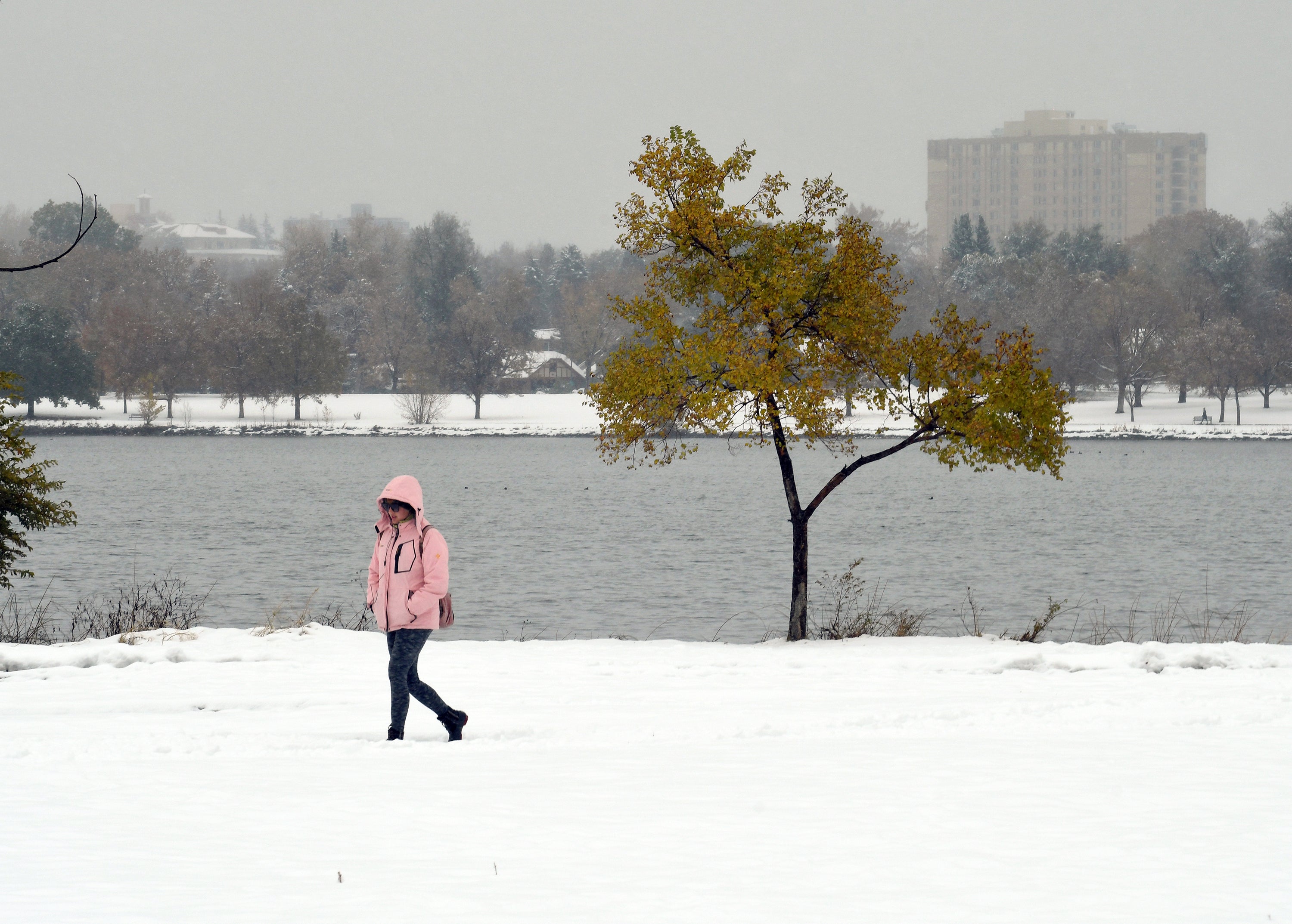 A woman walks through the snow at a park in Denver, Colorado, last week. A new report says that a colder winter could put parts of the US at an elevated risk of having energy shortages