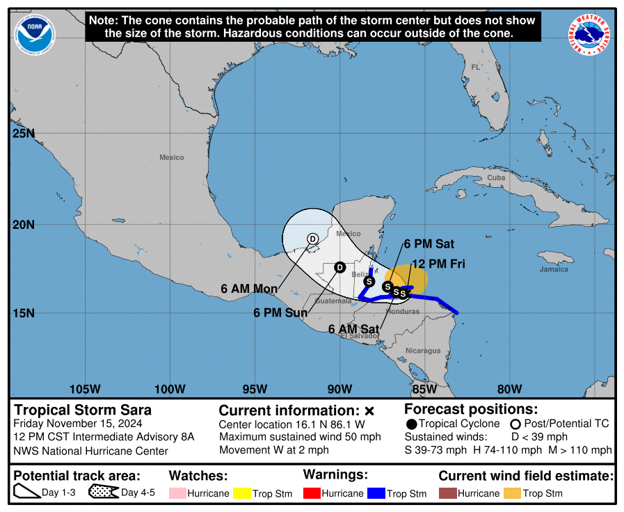 Tropical Storm Sarah's forecast track for Friday is displayed on the map. The storm will move into Honduras and other parts of Central America over the next few days