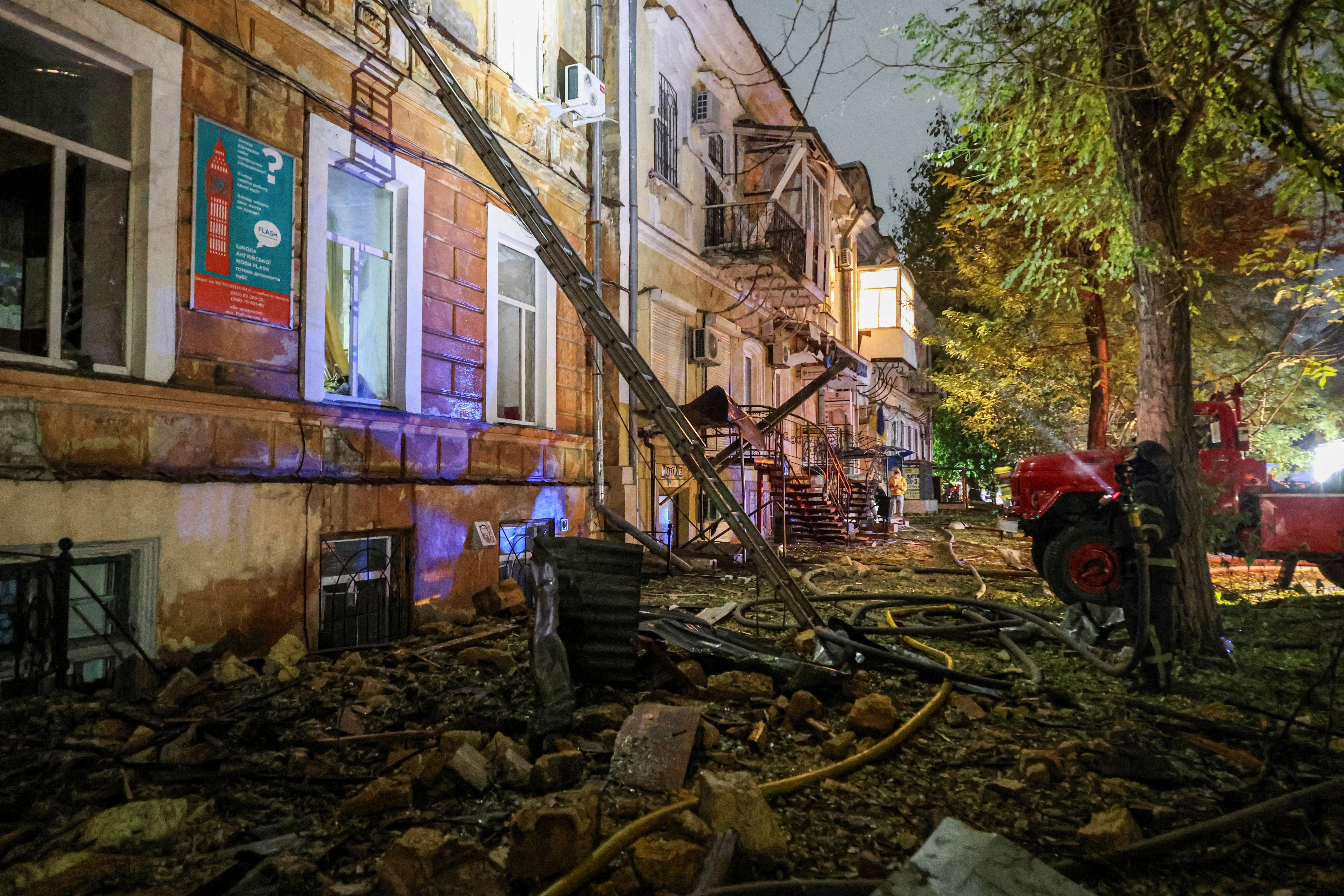 Buildings damaged during Russian missile and drone strikes, in Odesa, Ukraine