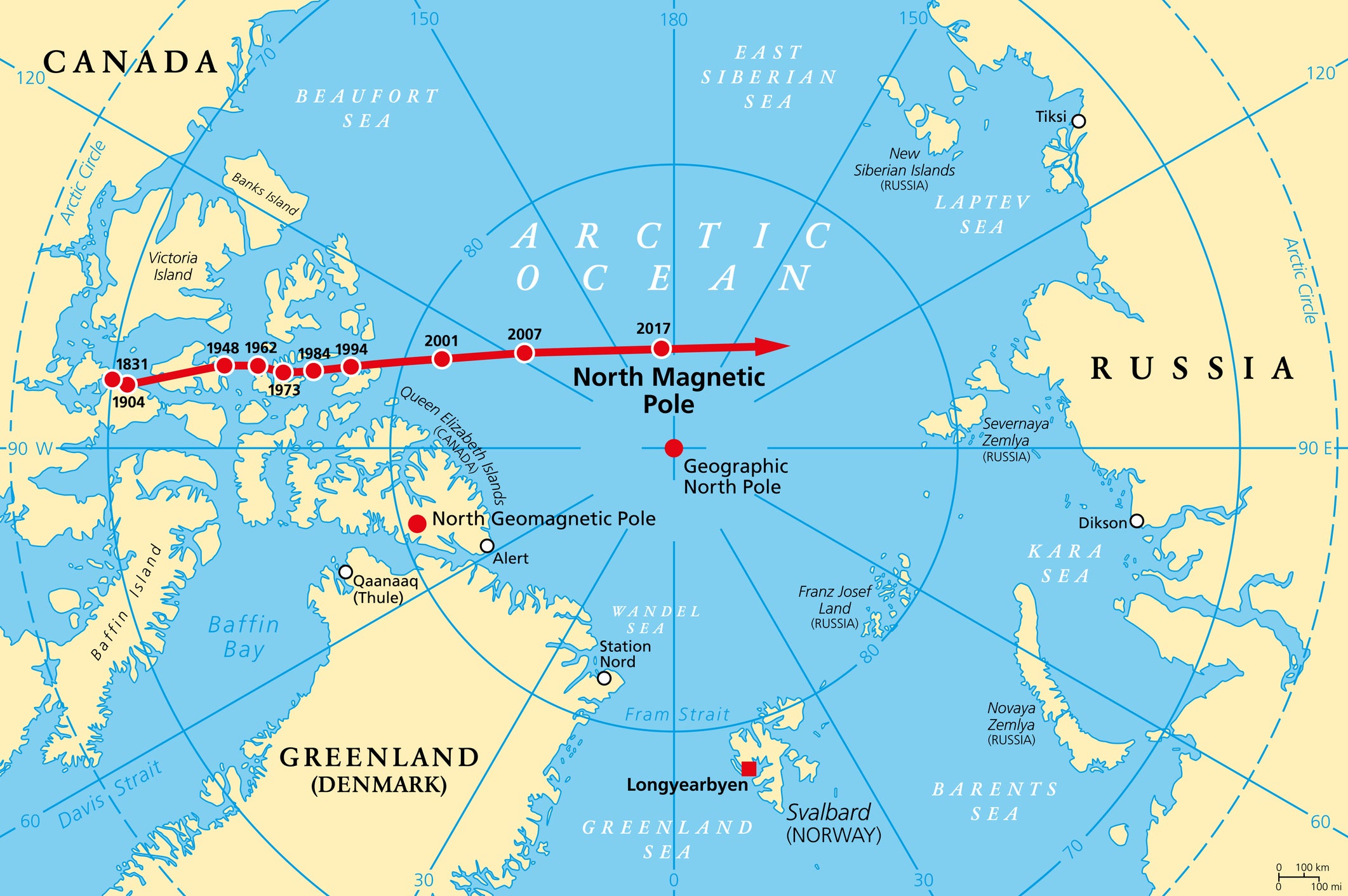 Compass needles in the northern hemisphere point in the direction of the magnetic North Pole, and the location varies as a result of the changing contours of Earth's magnetic fields