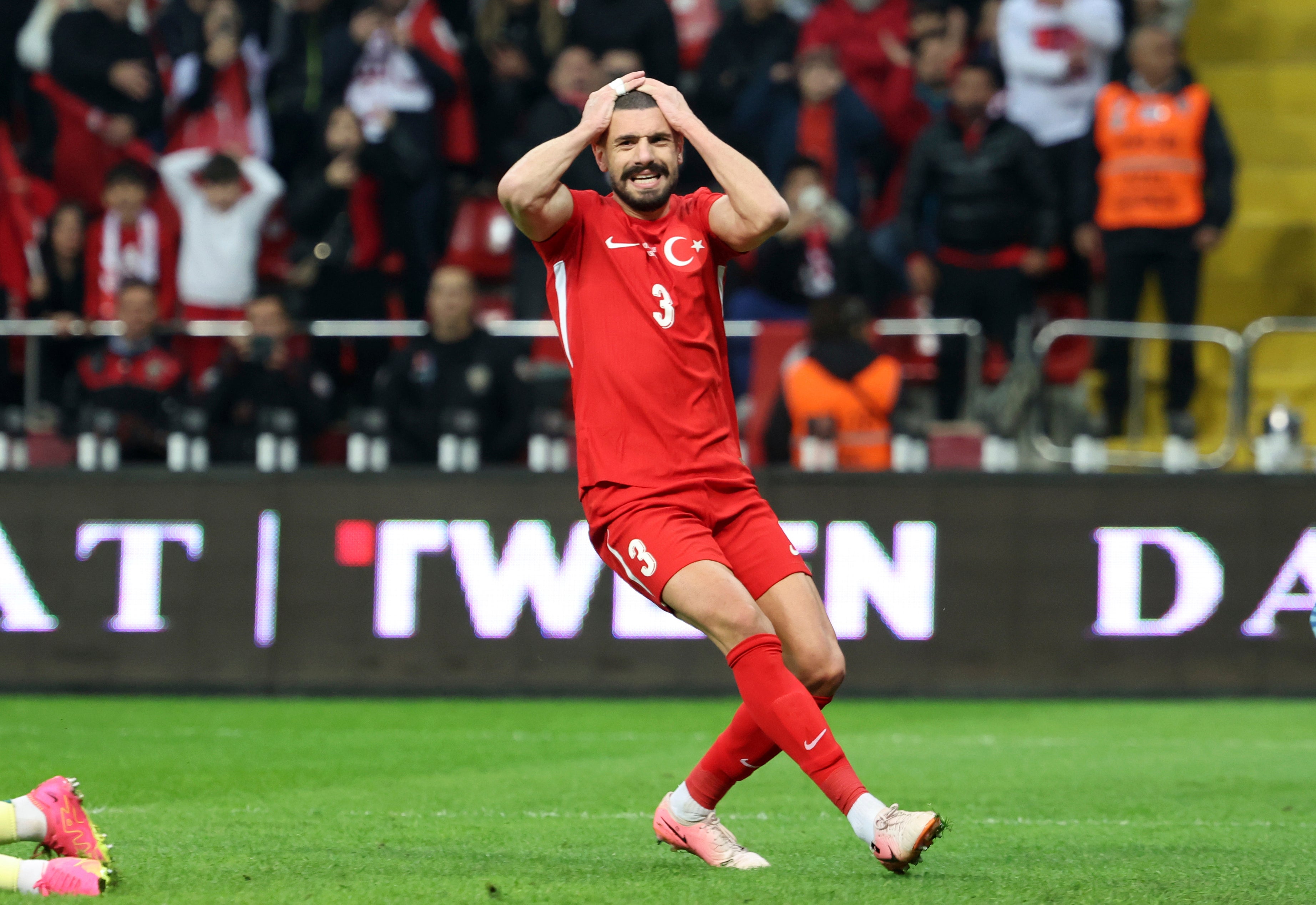 Turkey’s Merih Demiral reacts after missing a chance (Huseyin Yavuz/AP)