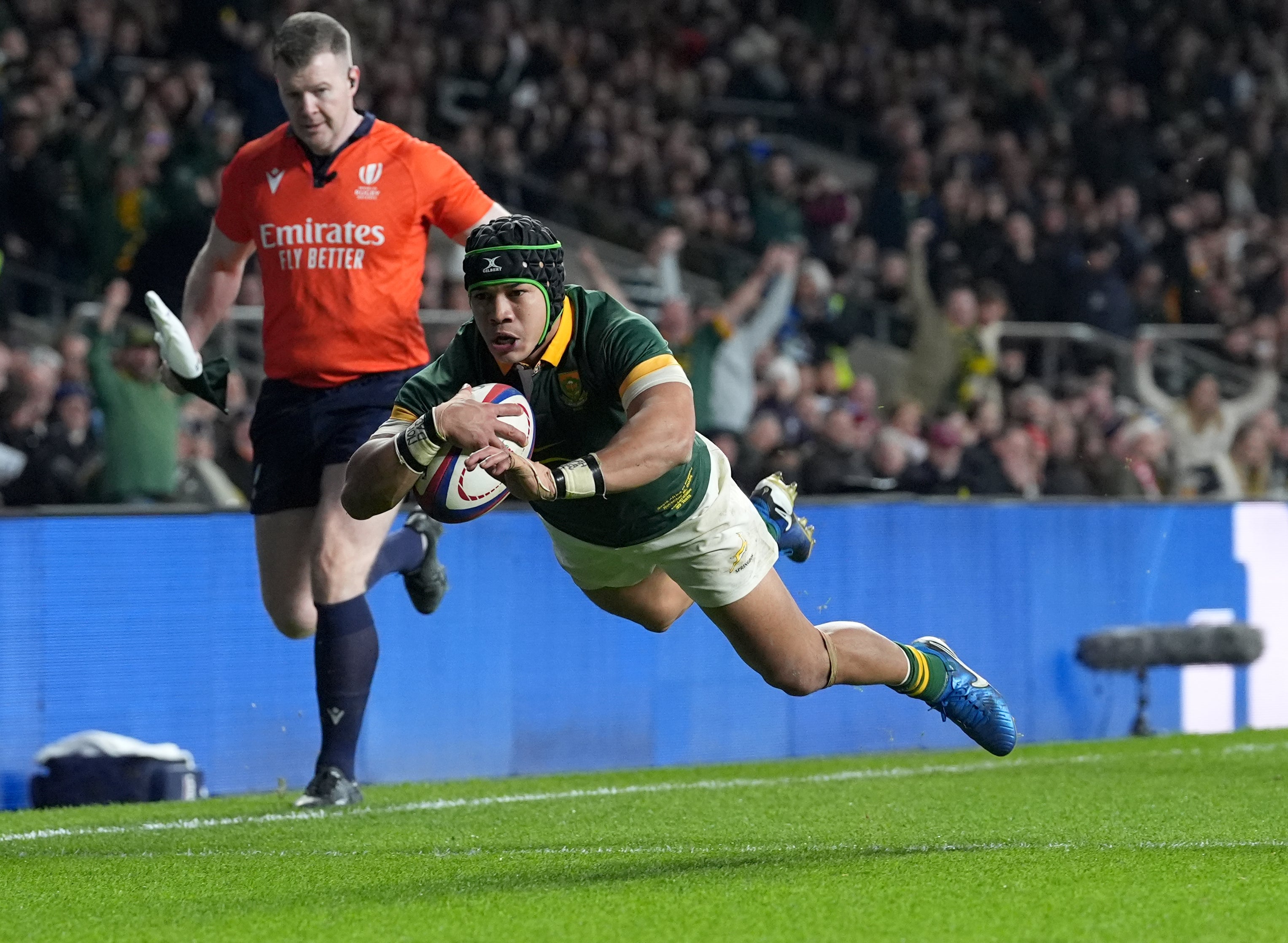 Cheslin Kolbe scores South Africa’s game-clinching try (Gareth Fuller/PA)