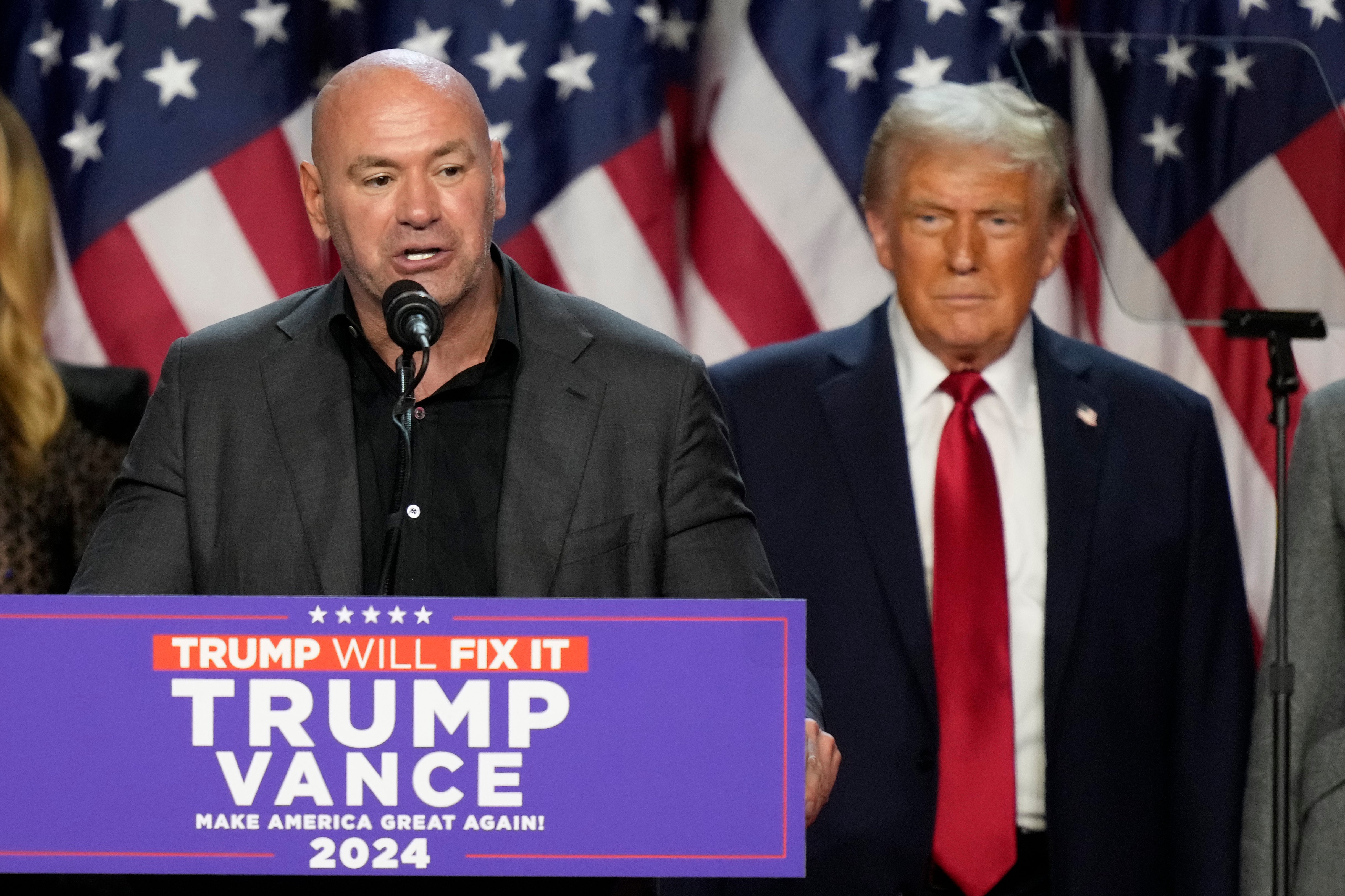 Dana White (seen at Trump’s election night watch party on November 6) has apparently become jaded with politics