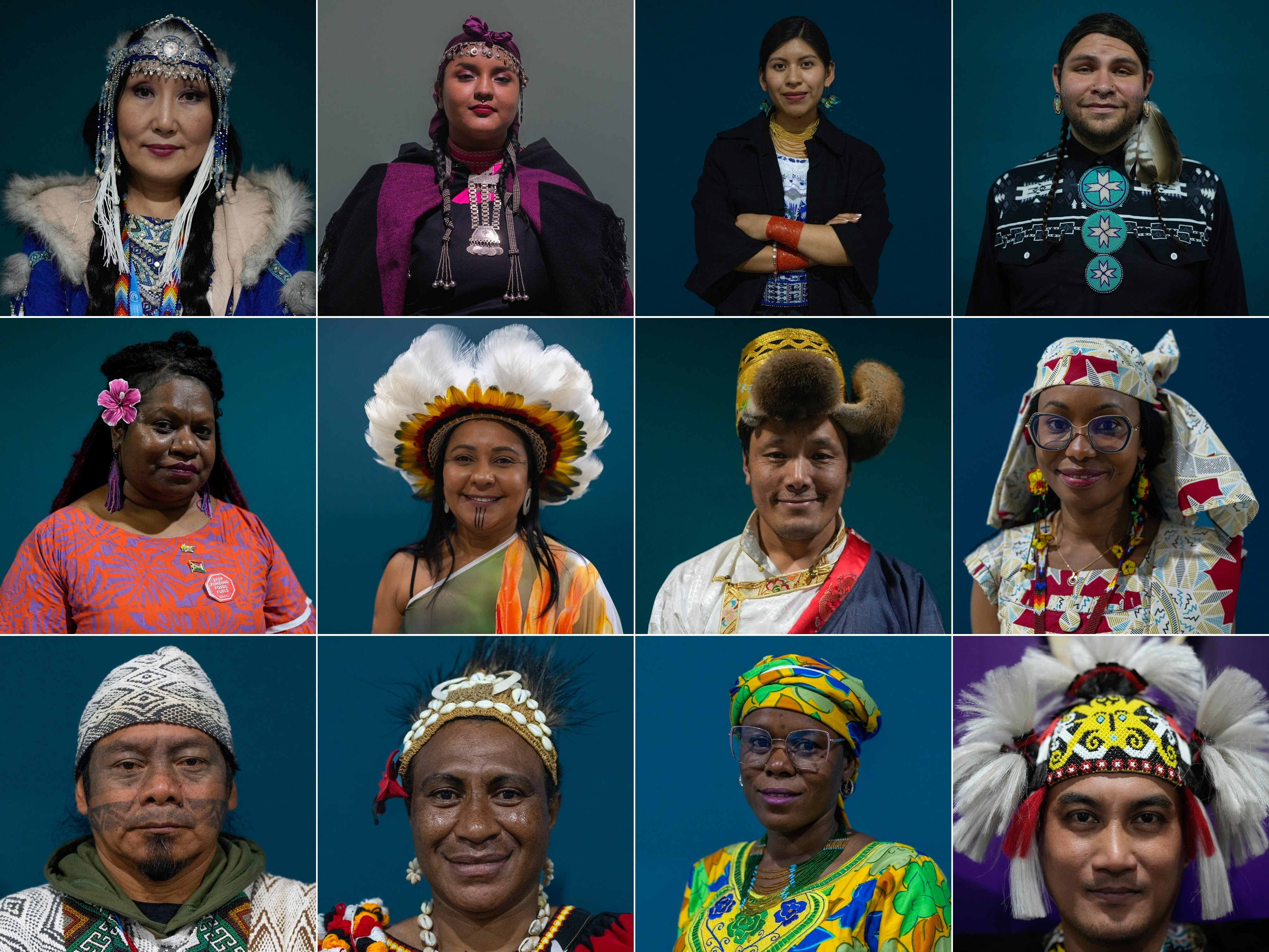 Members of various Indigenous communities pose for a photo while attending the Cop29 Climate Summit in Baku, Azerbaijan