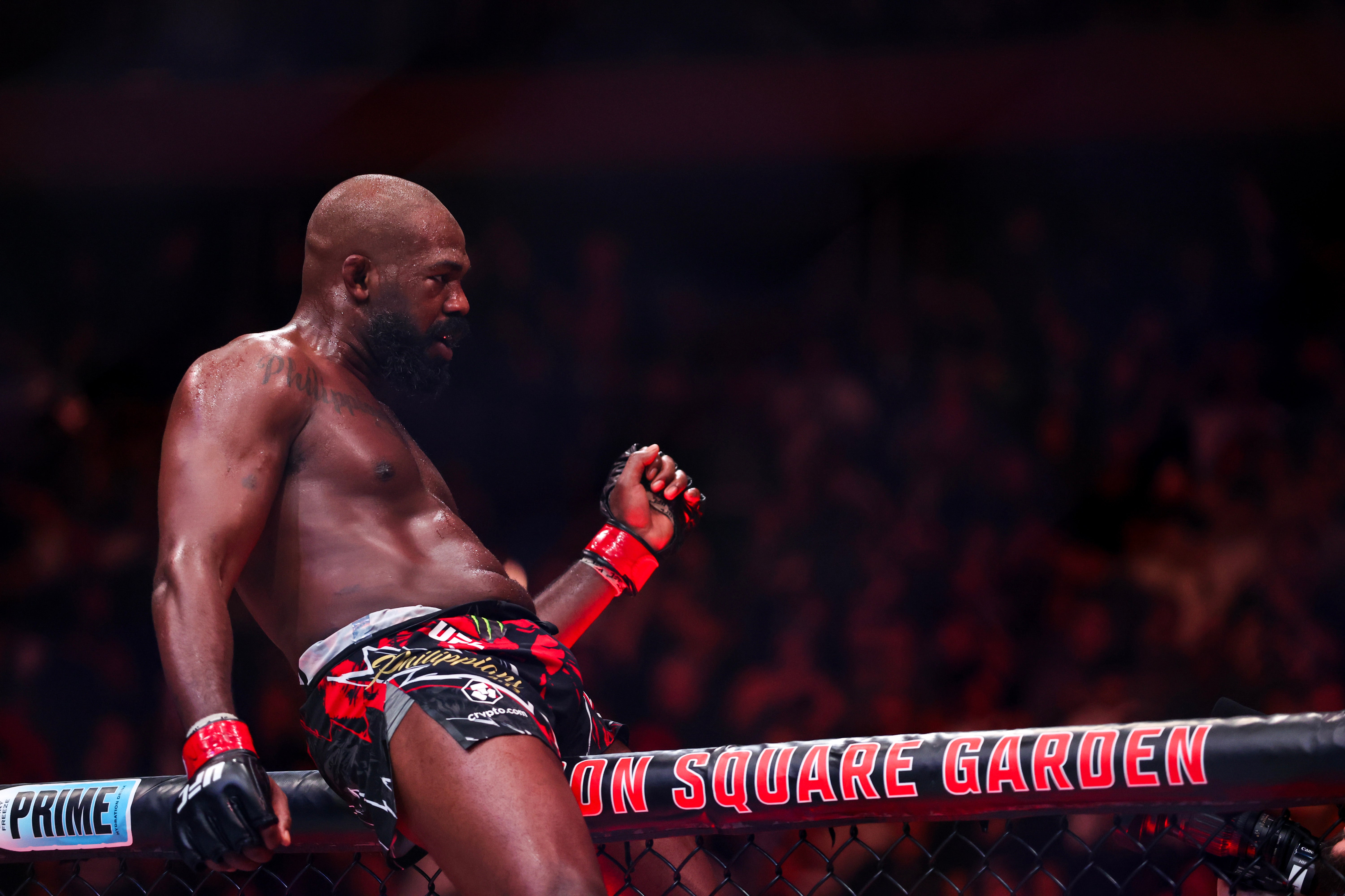 Jon Jones celebrates his first heavyweight title defence, a successful one in MSG