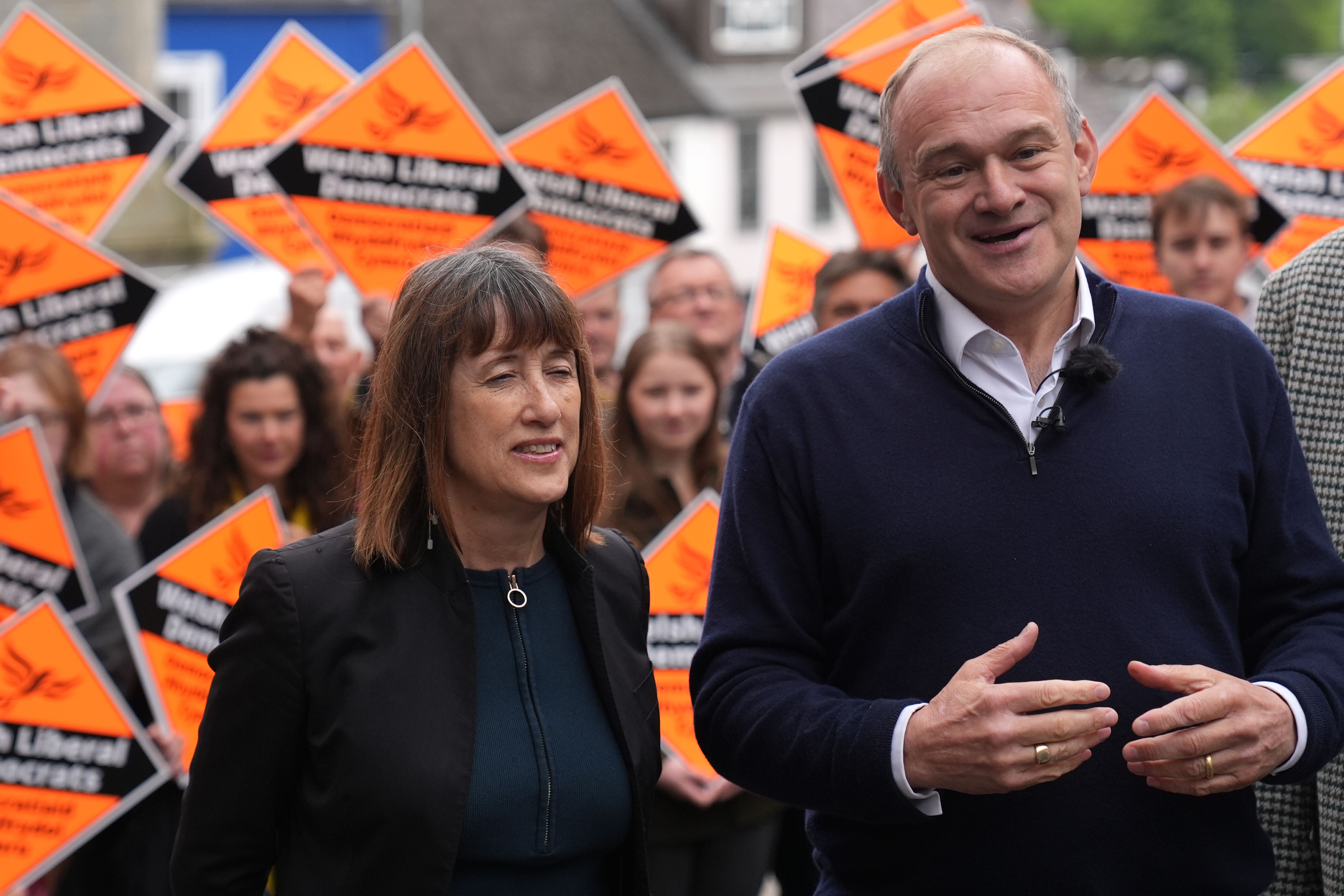 Liberal Democrat Leader Sir Ed Davey and Welsh Liberal Democrat Leader Jane Dodds during a visit to Knighton, Wales (Jacob King/PA)