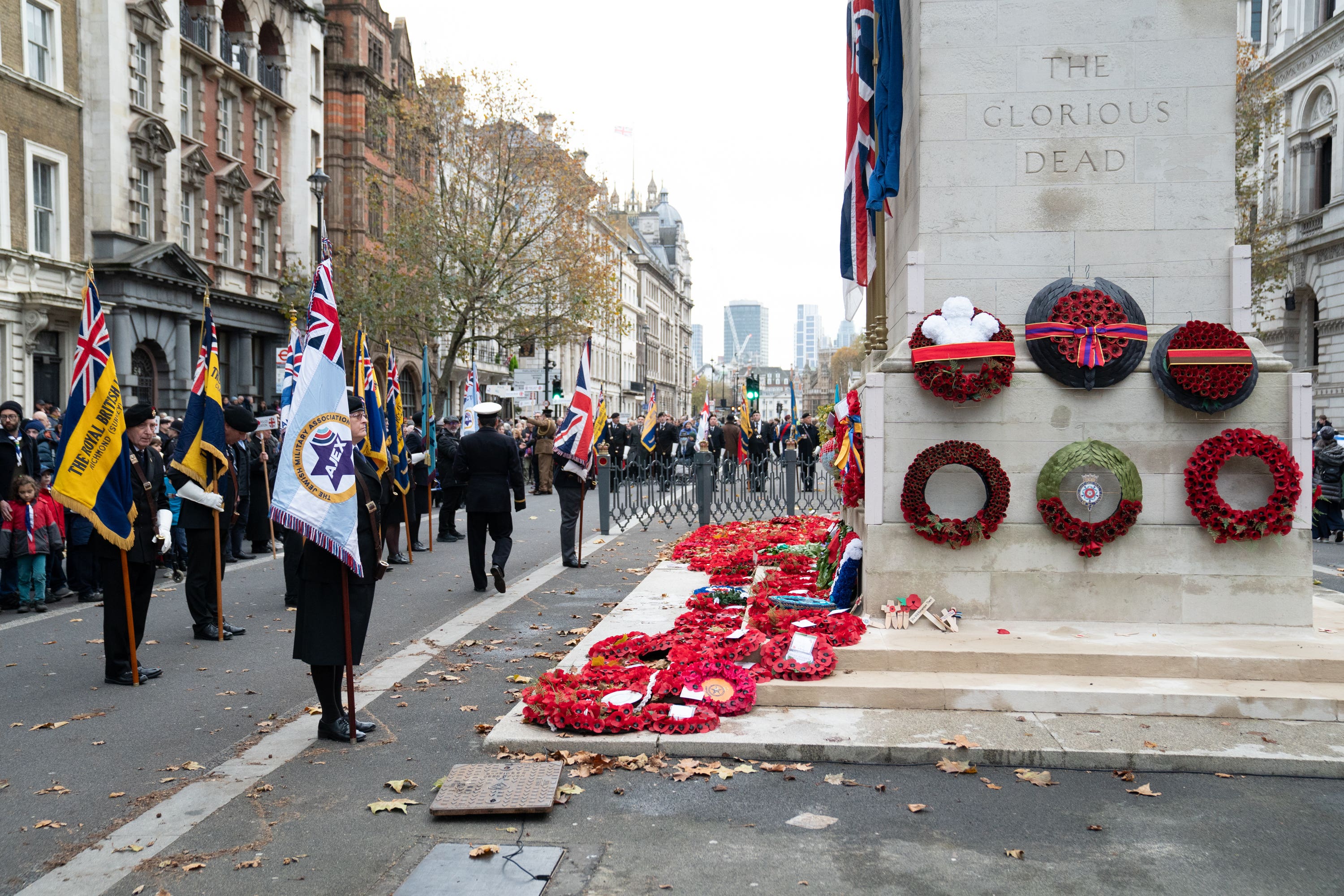 People take part in the annual parade by AJEX, the Jewish Military Association, to honour and remember the service of Jewish servicemen and women ‘who fought and served for freedom since World War I’ at the Cenotaph (Stefan Rousseau/PA)