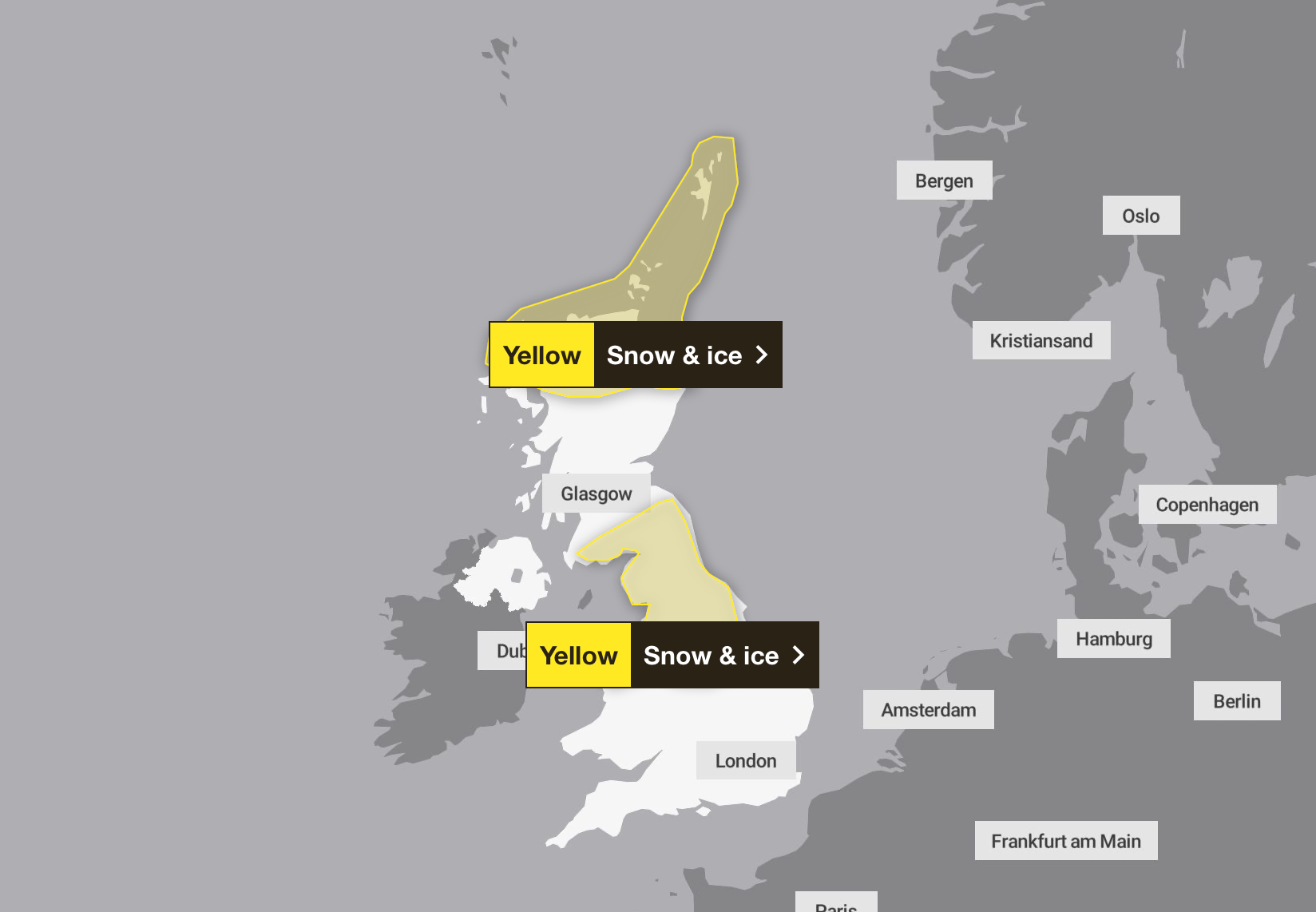 A yellow snow and ice warning is in place for parts of northern Scotland and northern England on Monday