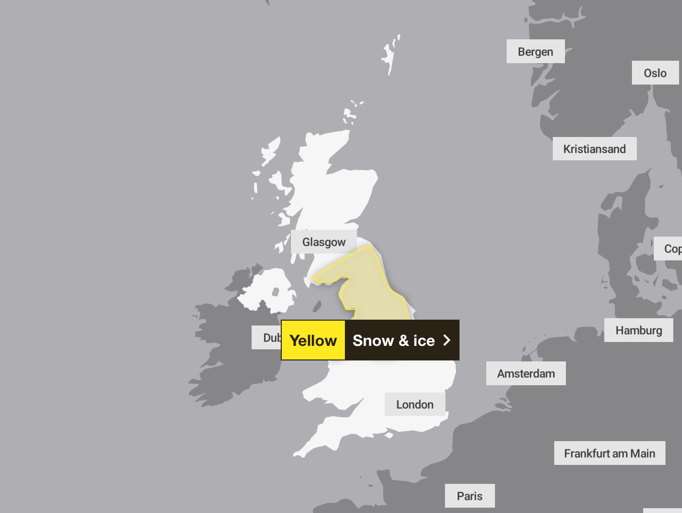 A yellow snow and ice warning remains in place for northern England on Tuesday