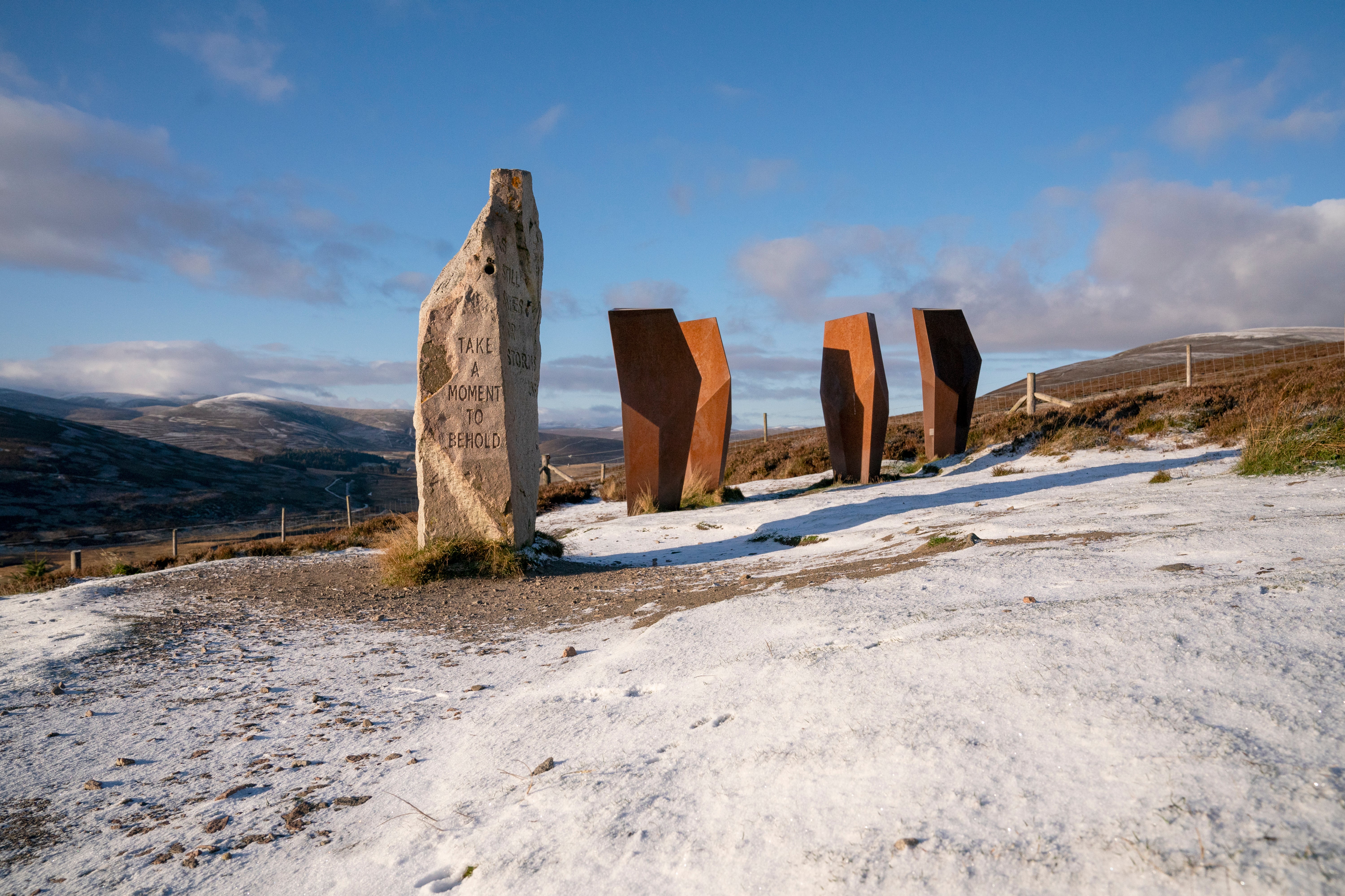 Snow and ice surround The Watchers sculpture at Corgaff, Aberdeenshire, on Monday morning